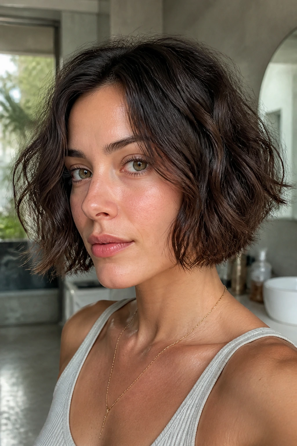 Portrait of a woman with a jaw-length French bob and relaxed waves