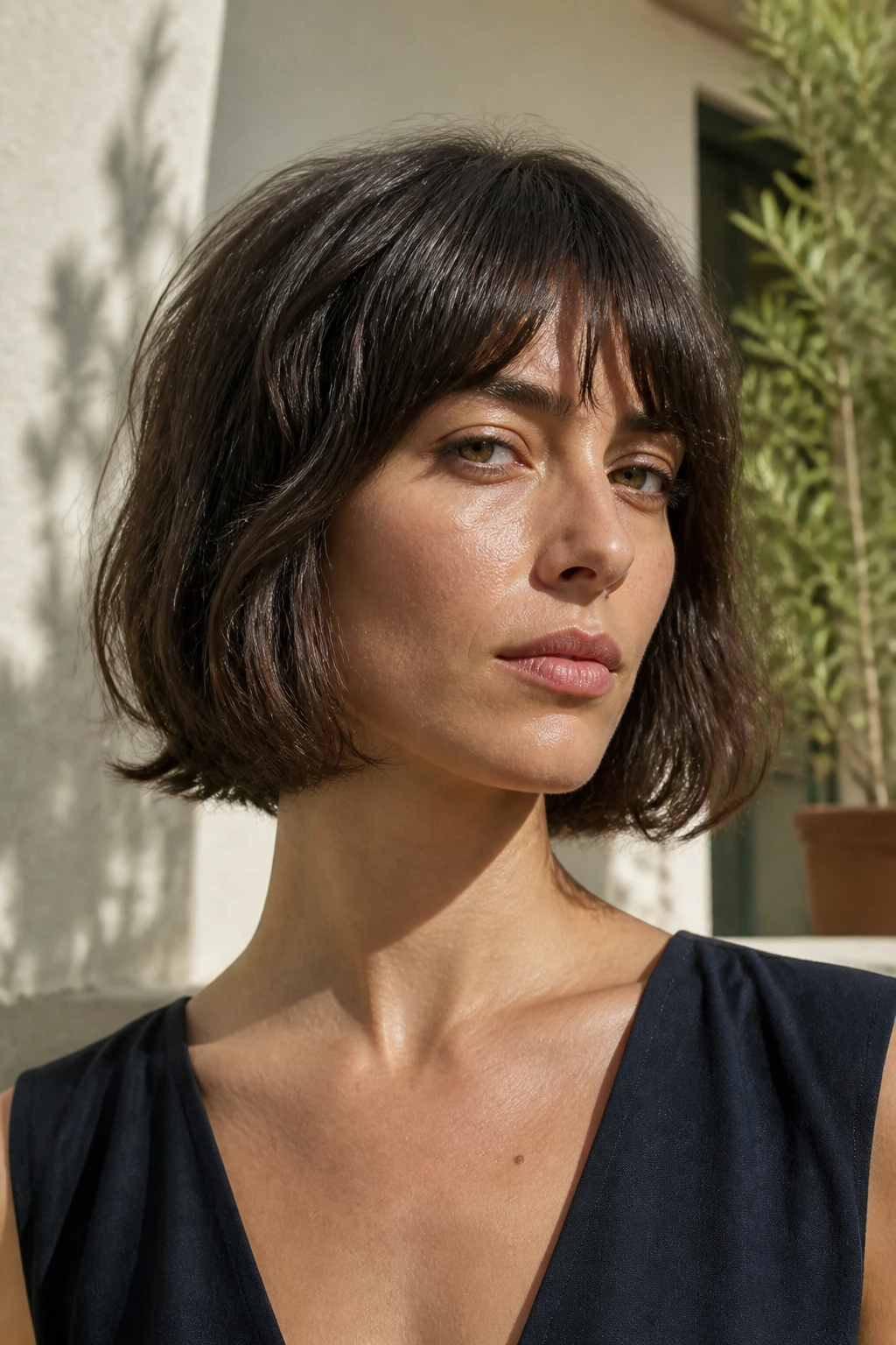 Close-up of a real woman with an air-dried French bob showing natural texture