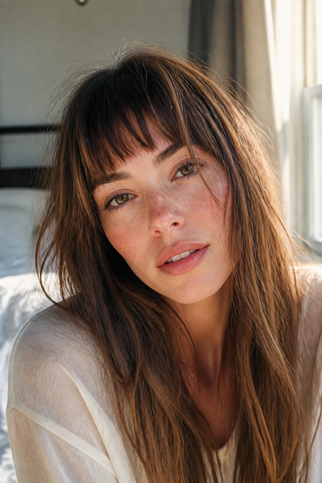 Real woman with air-dried choppy fringe in sunlit bedroom