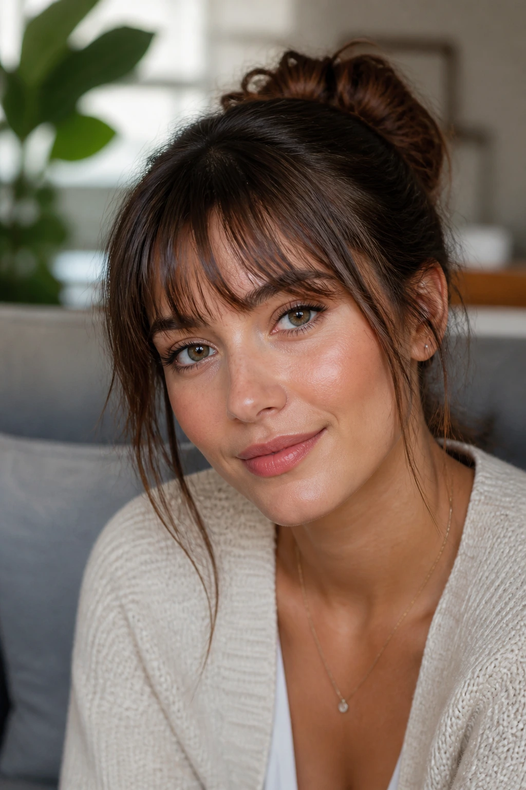 Real woman with air-dried natural fringe in a cozy indoor setting