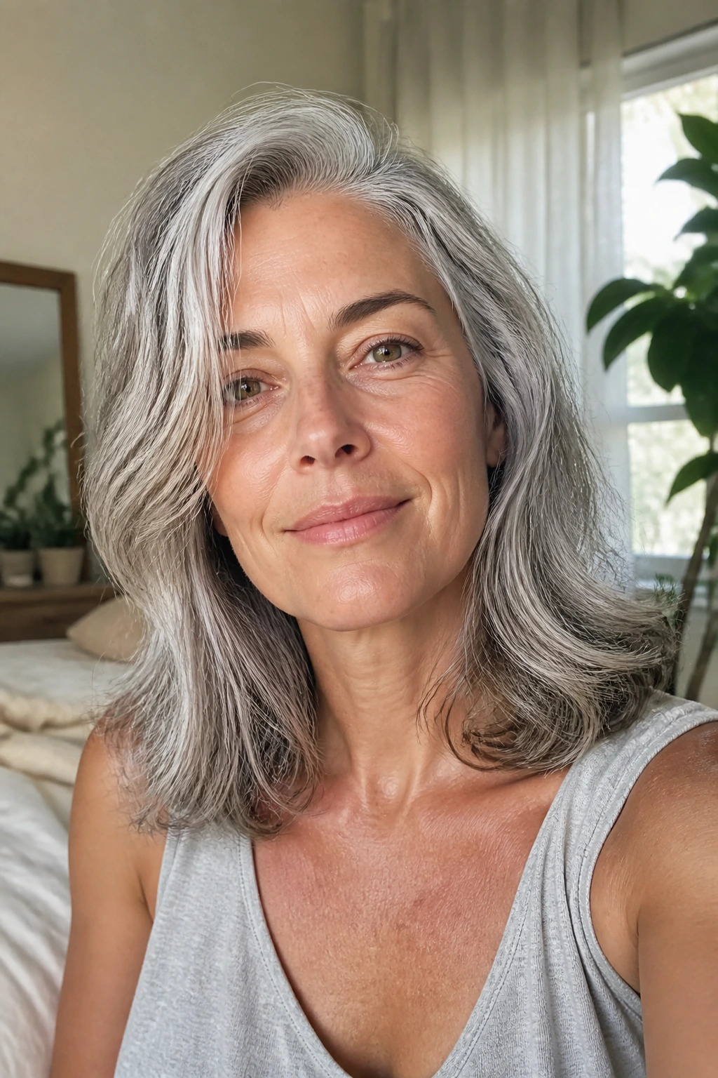 Close-up of a real woman with natural gray hair, soft volume