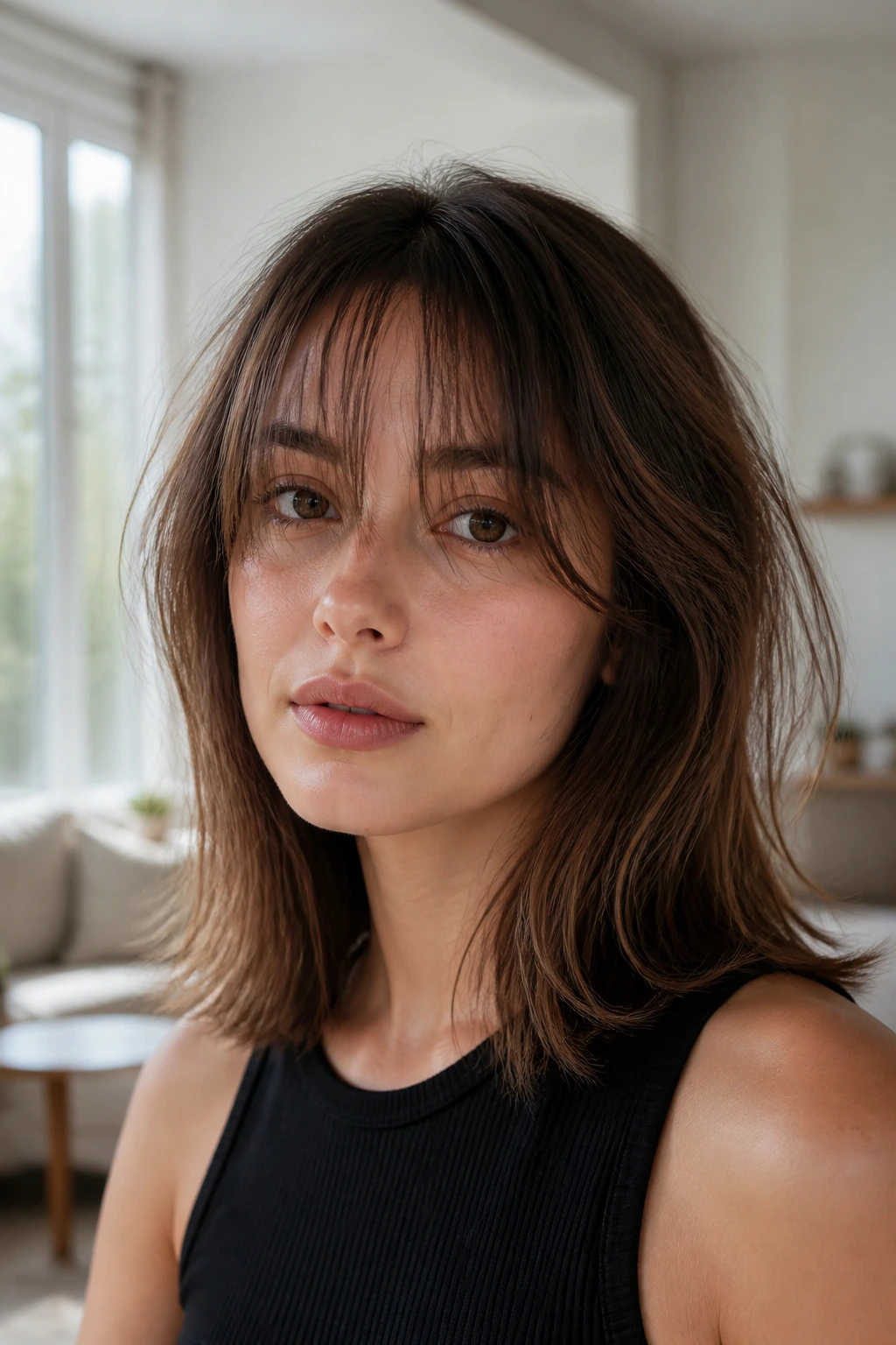Close-up portrait of a real woman with air-dried shoulder-length hair and see-through bangs.