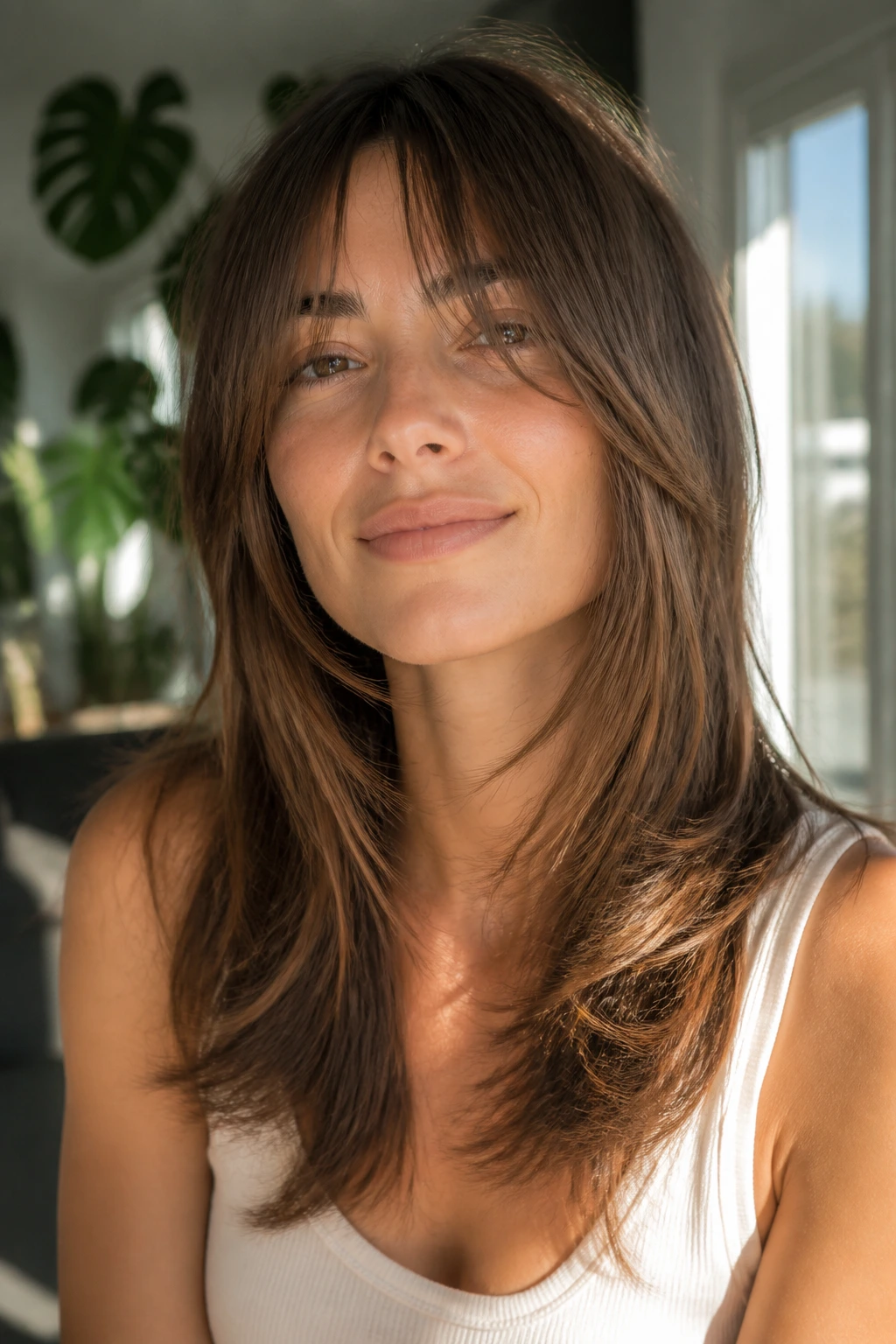 Real woman with invisible-layer shag in natural air-dried texture