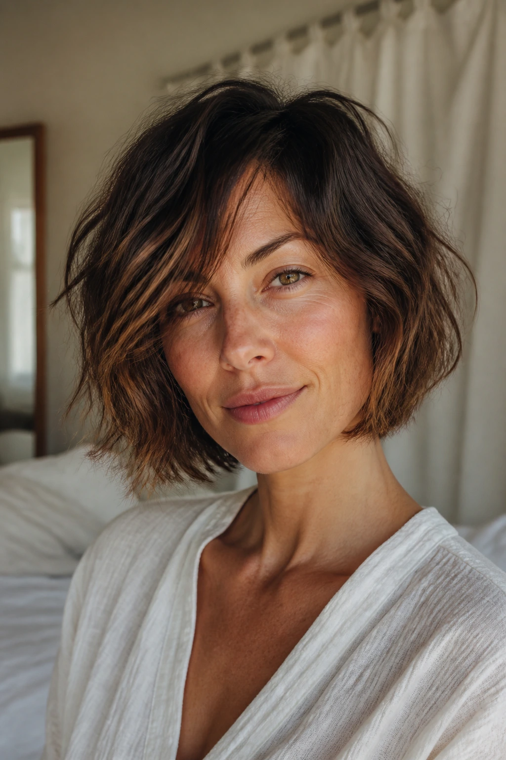 Close-up of real woman with air-dried layered bob in a sunlit bedroom