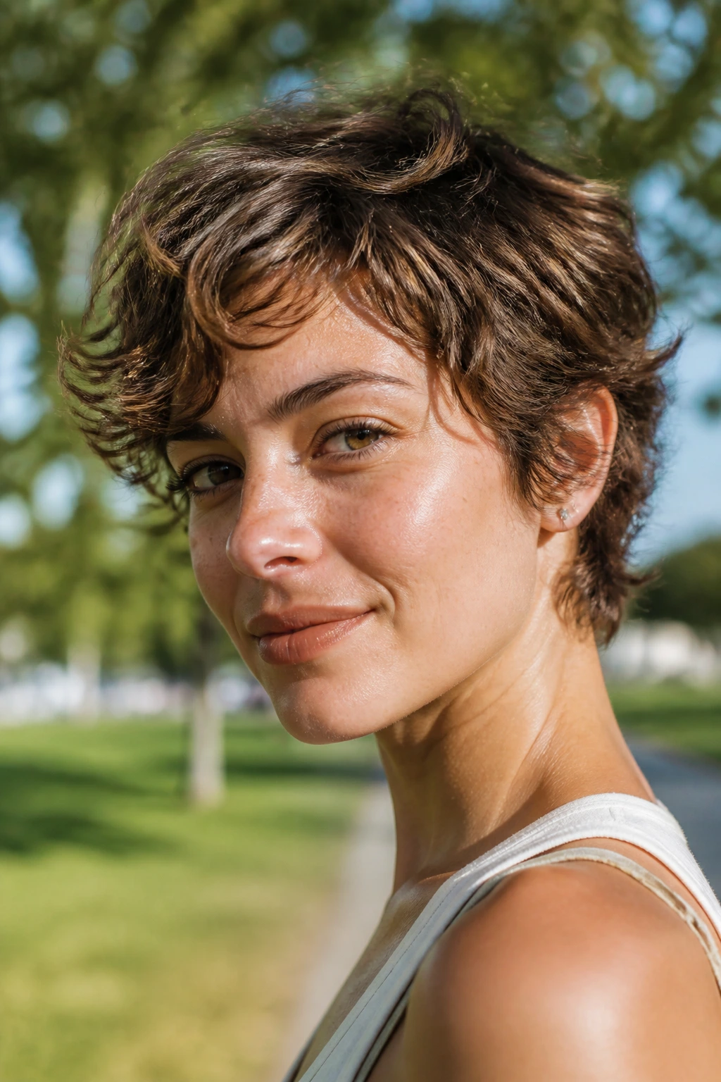 Real person with air-dried layered pixie in sunny park