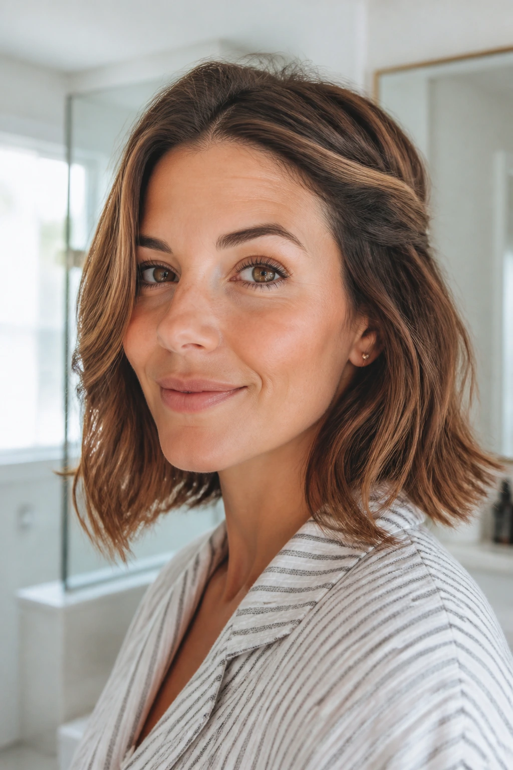 Real woman with a mid-length lob featuring bent ends in natural light