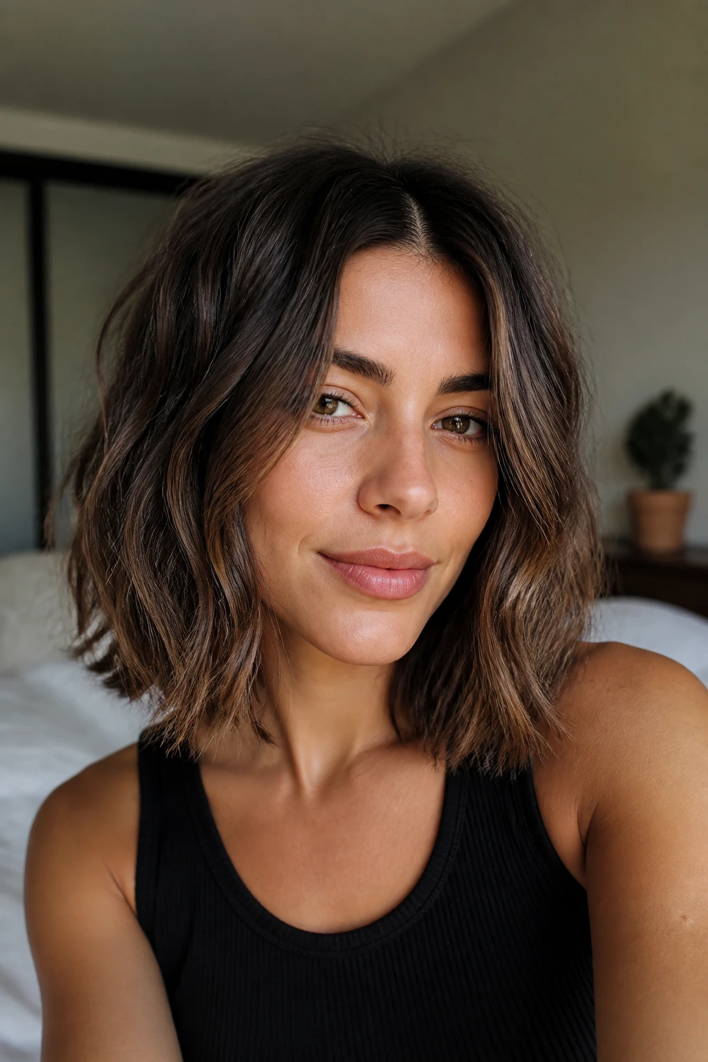 Close-up portrait of a real woman with an air-dried center-part lob