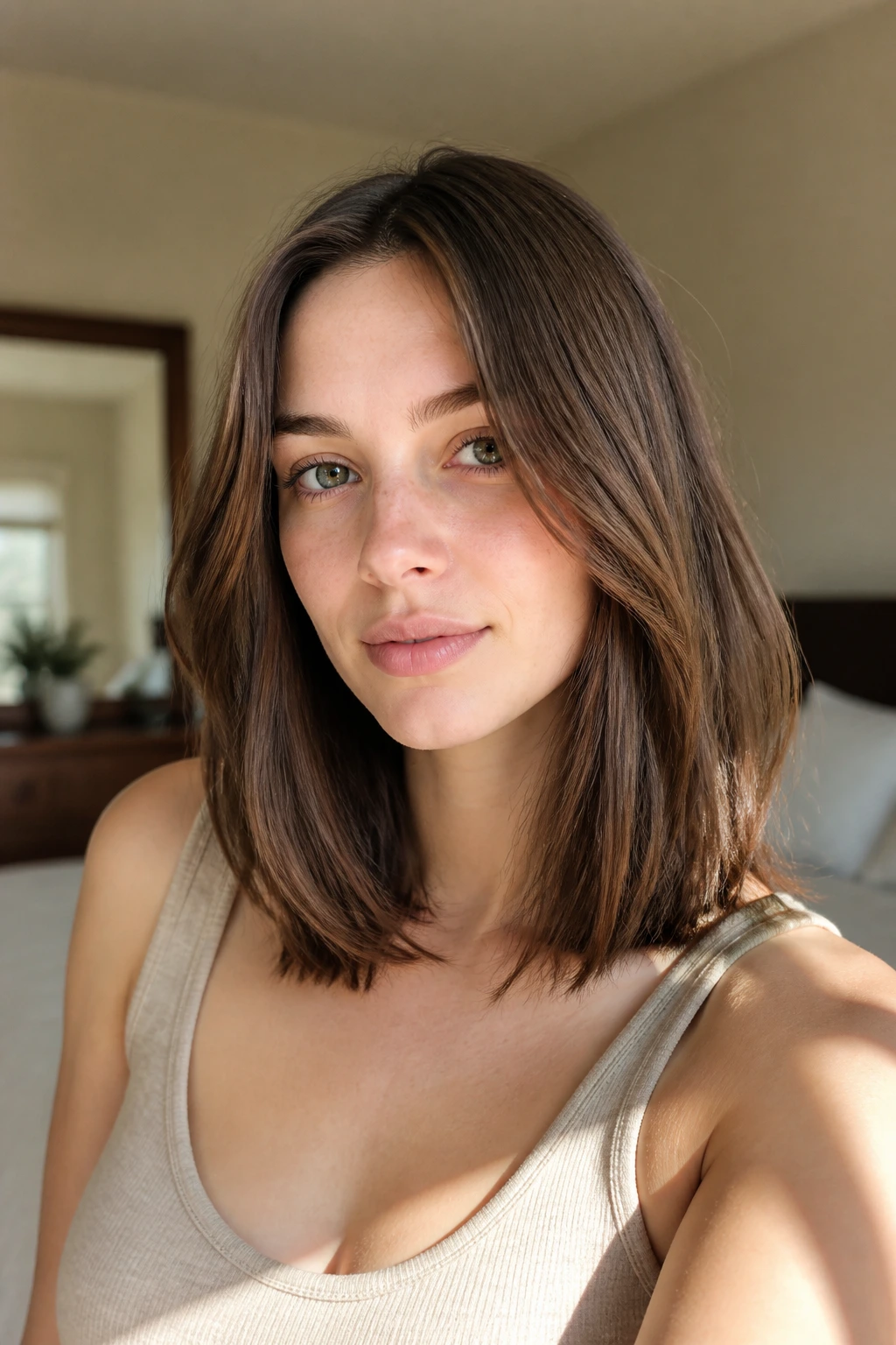 Real woman with air-dried lob and natural bend in warm natural light.