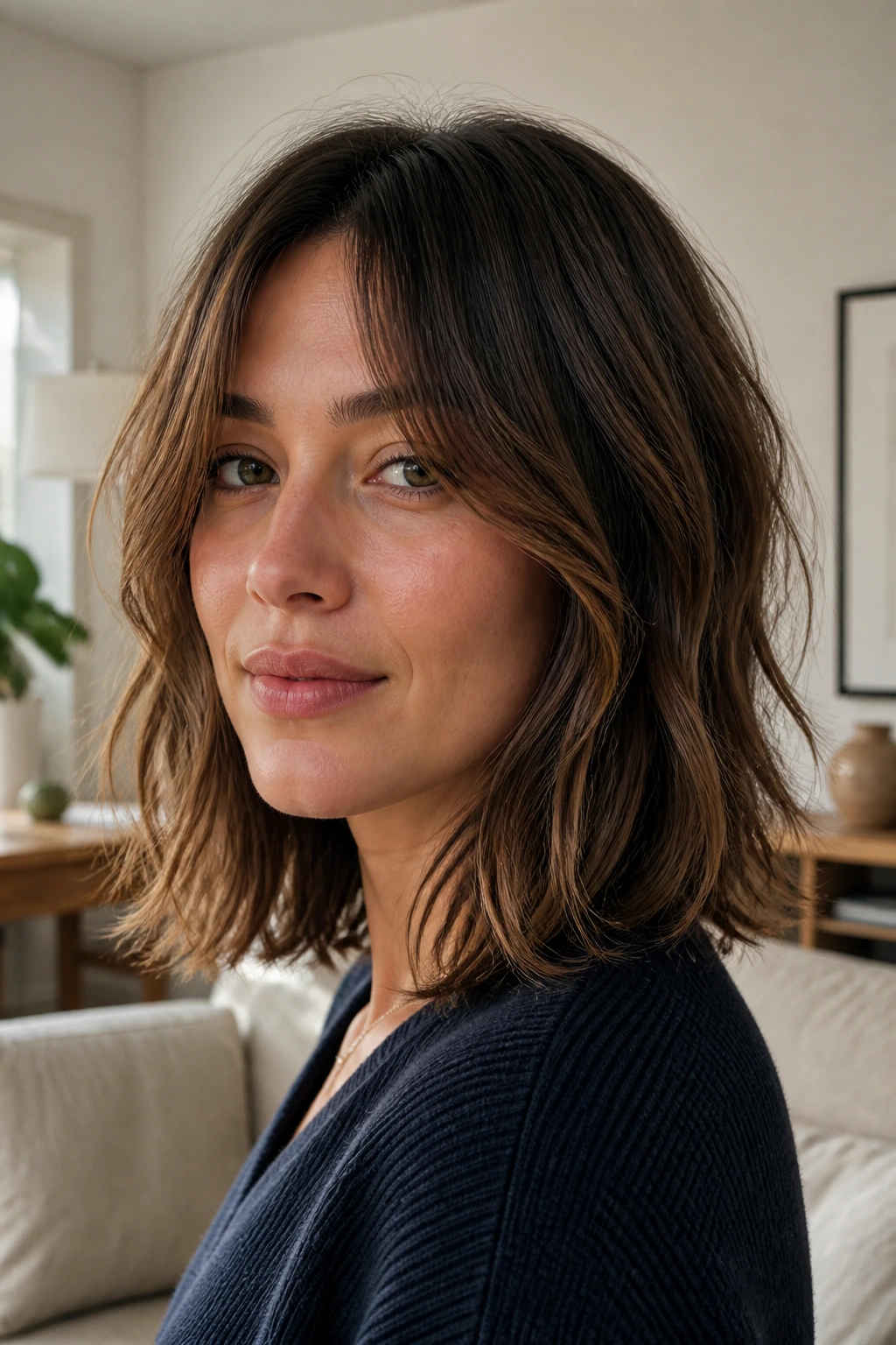 Close-up portrait of a real person with air-dried lob and natural texture