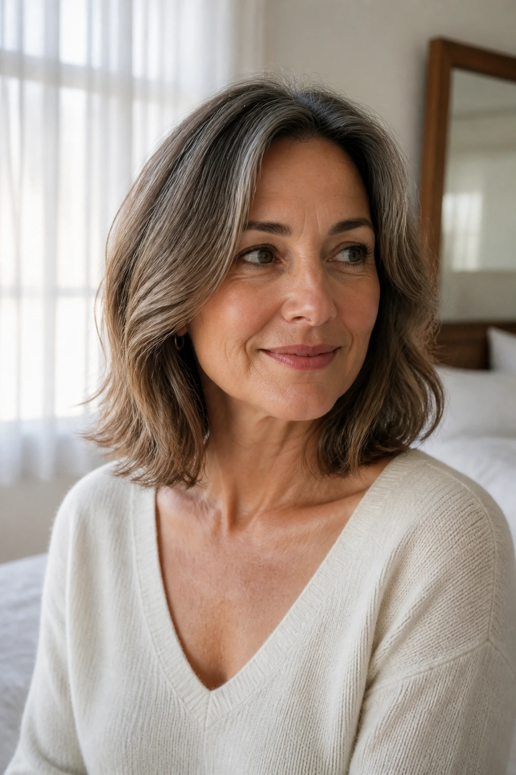 Medium close-up of a real woman with an air-dried lob and soft bend