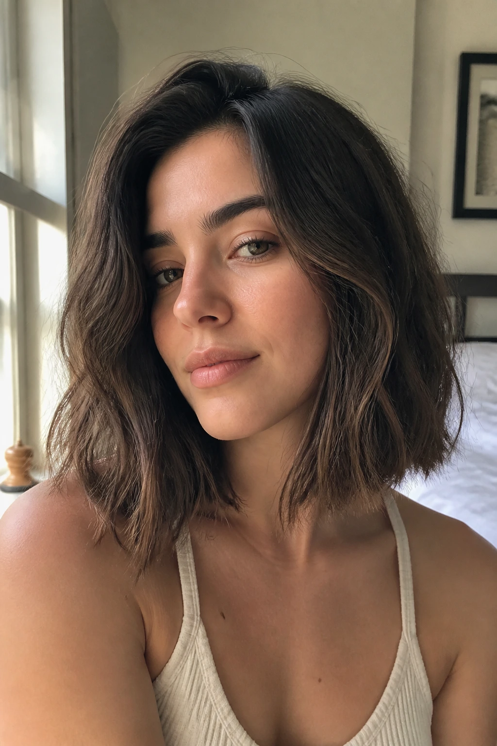 Close-up of a real woman with an air-dried lob texture in window light.