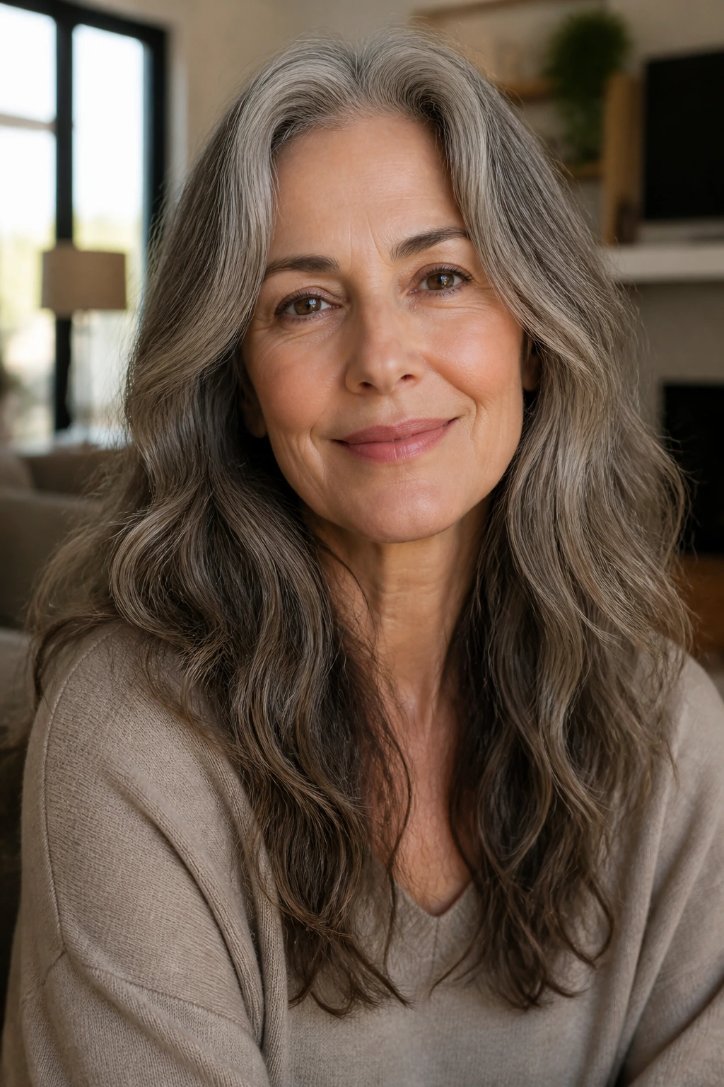 Real woman with low-maintenance air-dried cut and natural waves.