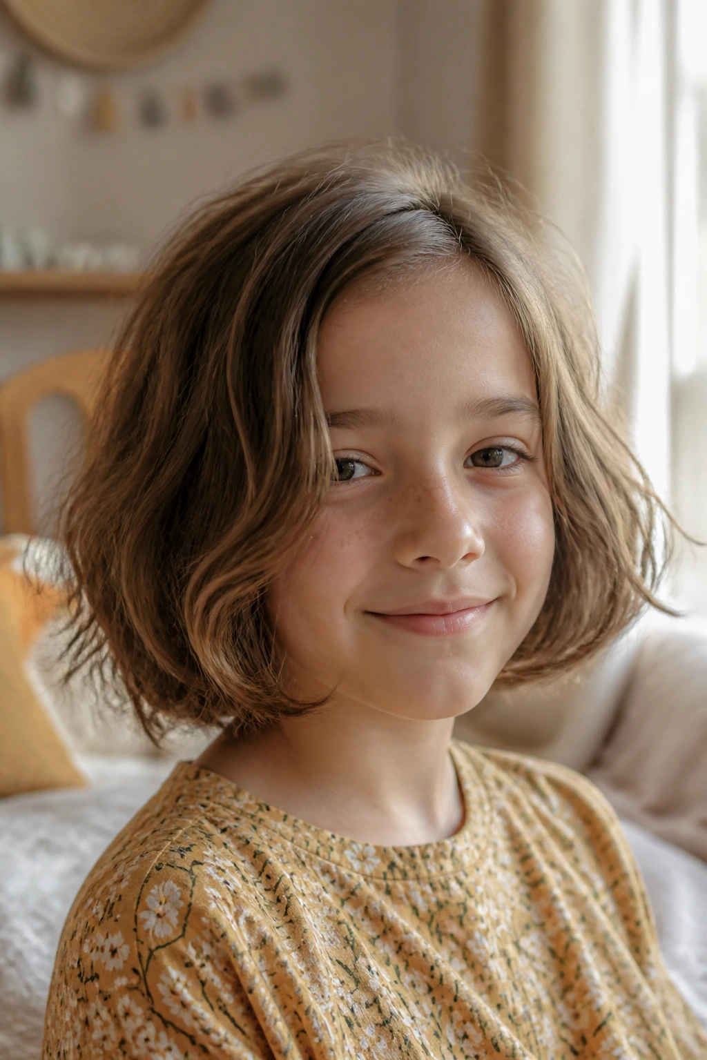 Close-up of a real child with an air-dried messy bob hair texture in a warm bedroom