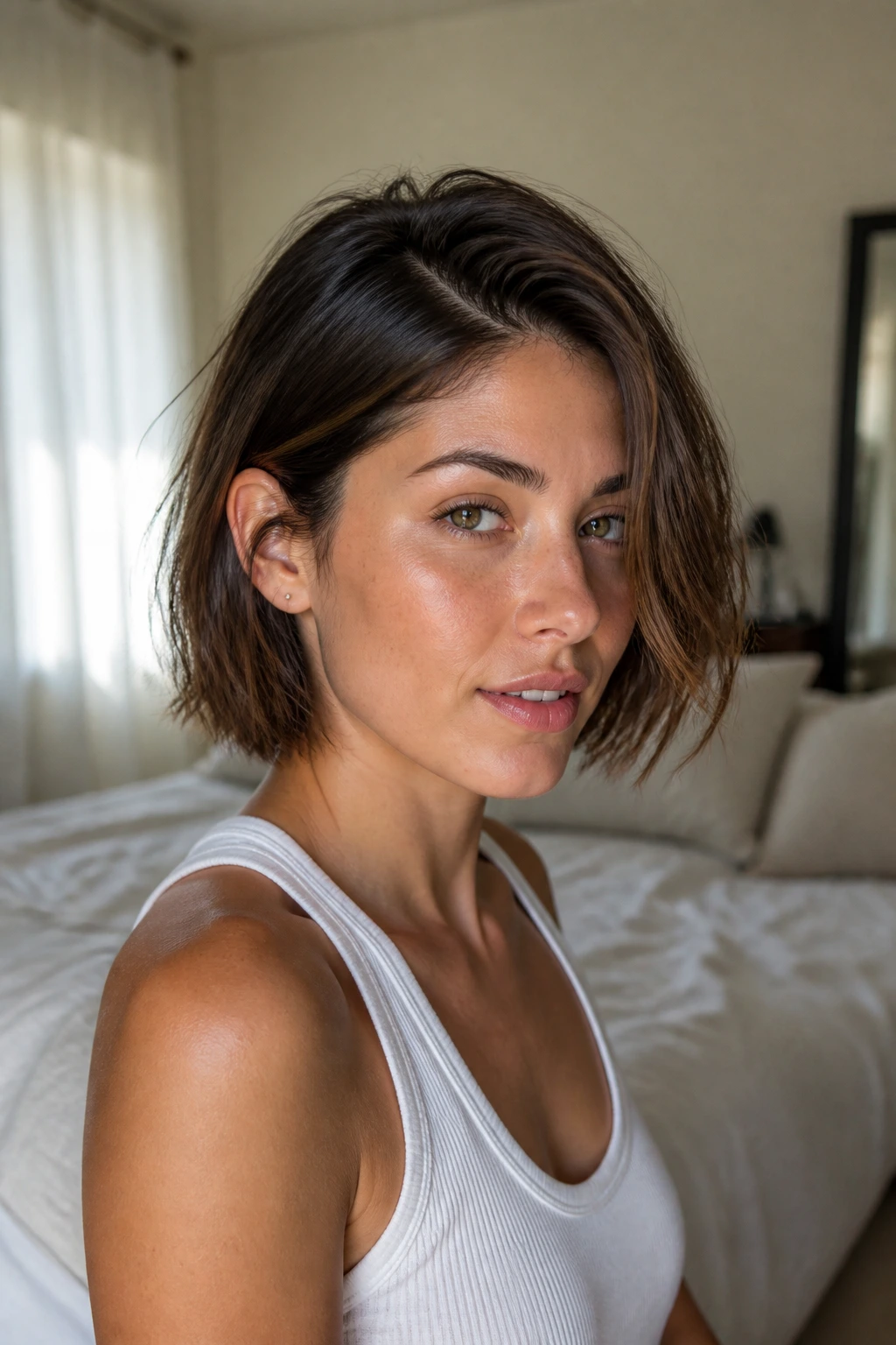 Close-up of real woman with natural air-dried bob in morning light