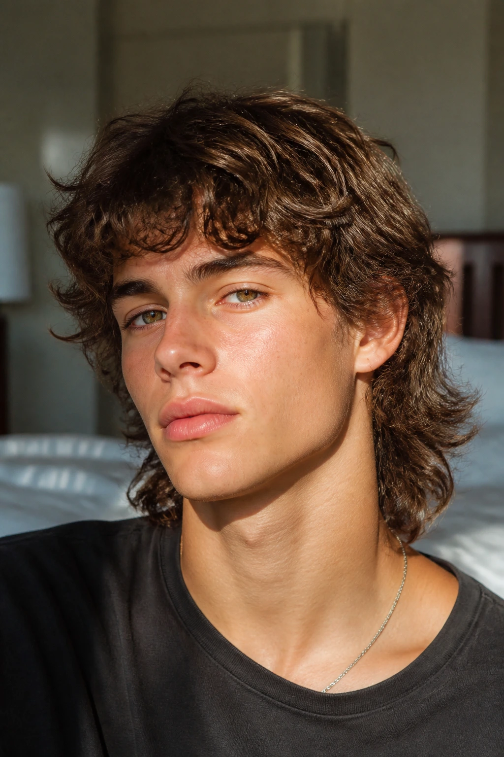 Close-up portrait of a real person with air-dried natural mullet and loose waves.