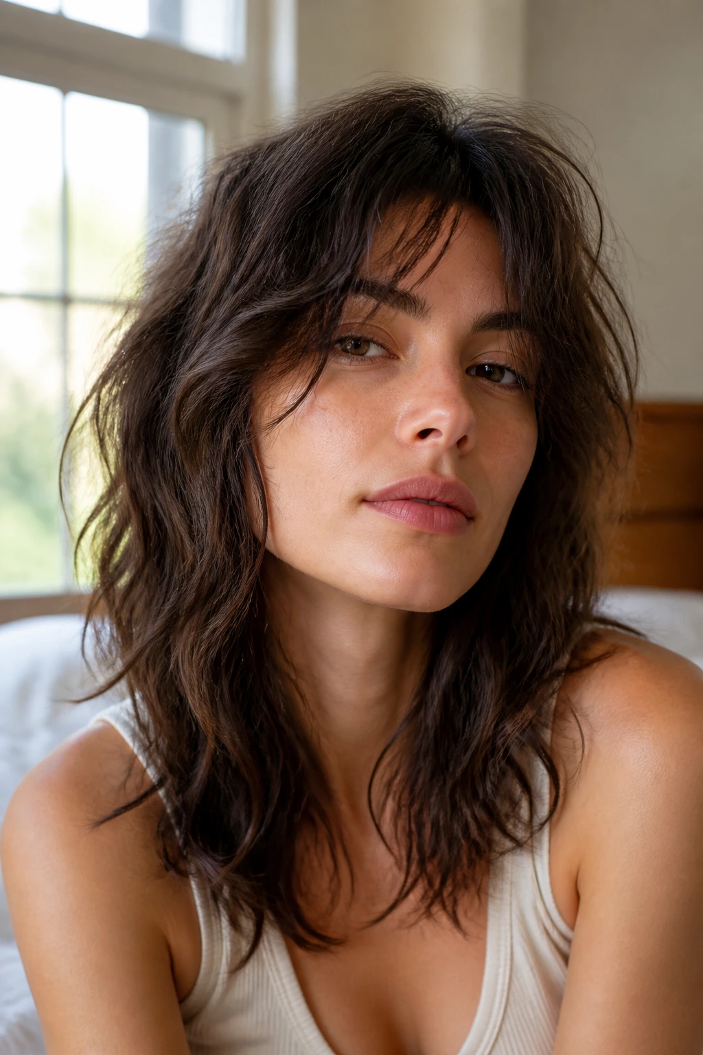 Portrait of a real person with air-dried natural shag in a bright bedroom.