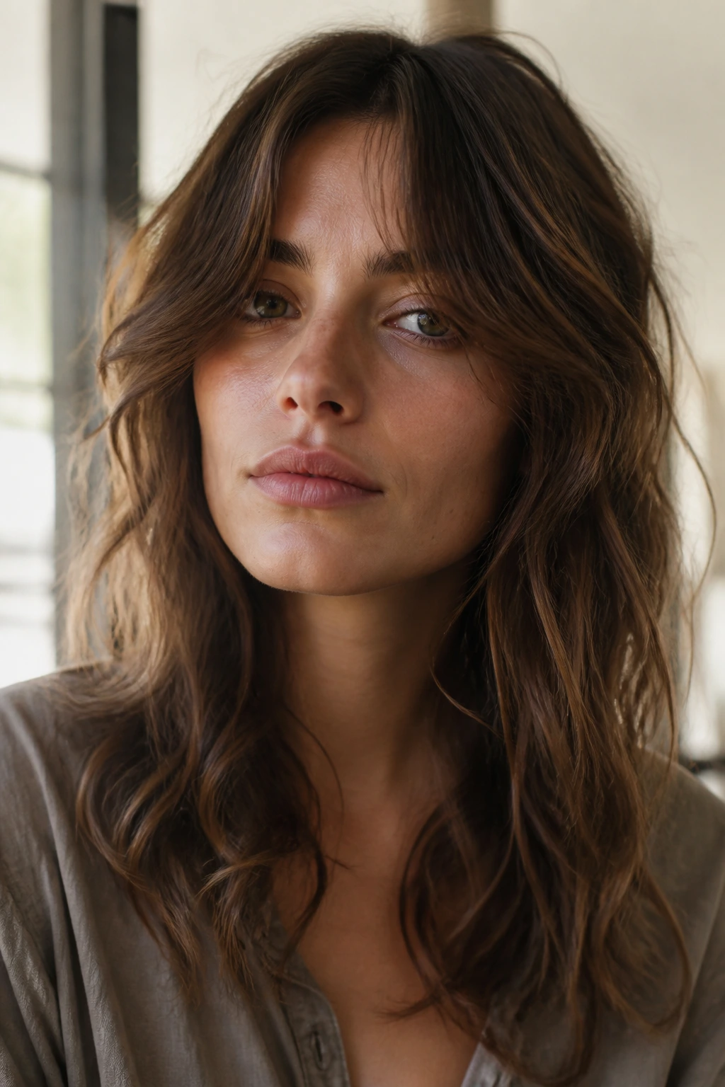 Natural air-dried waves with unstyled curtain bangs on a real person