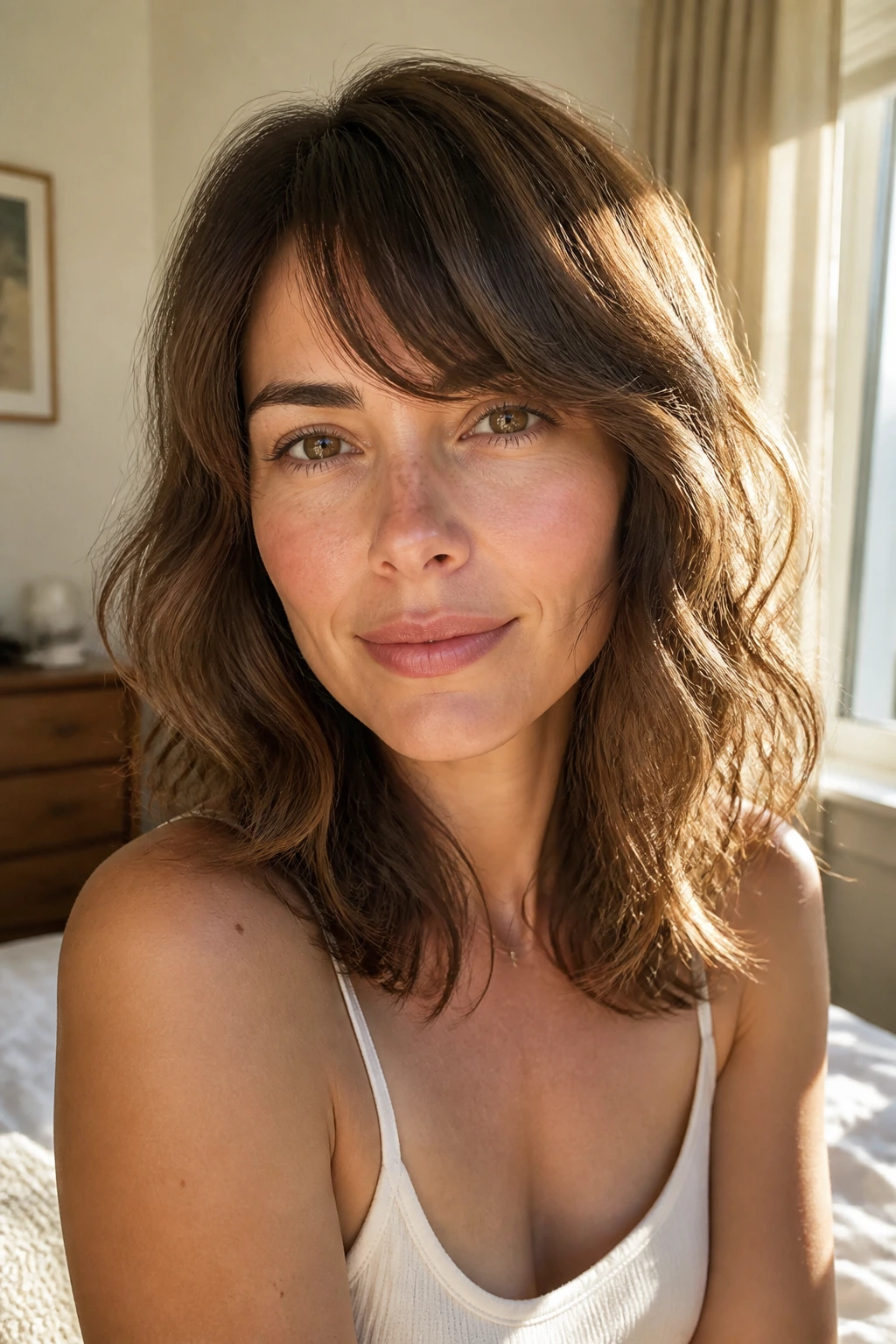 Portrait of a real woman with air-dried natural waves and side bangs in a sunlit room.