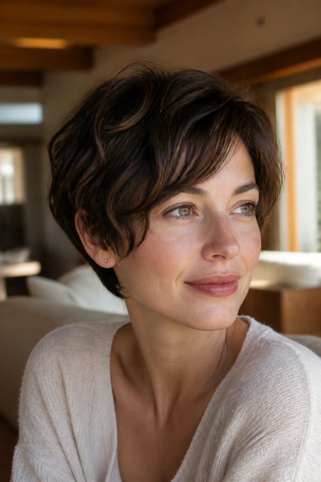 Close-up of a real woman with an air-dried pixie bob in a sunlit living room