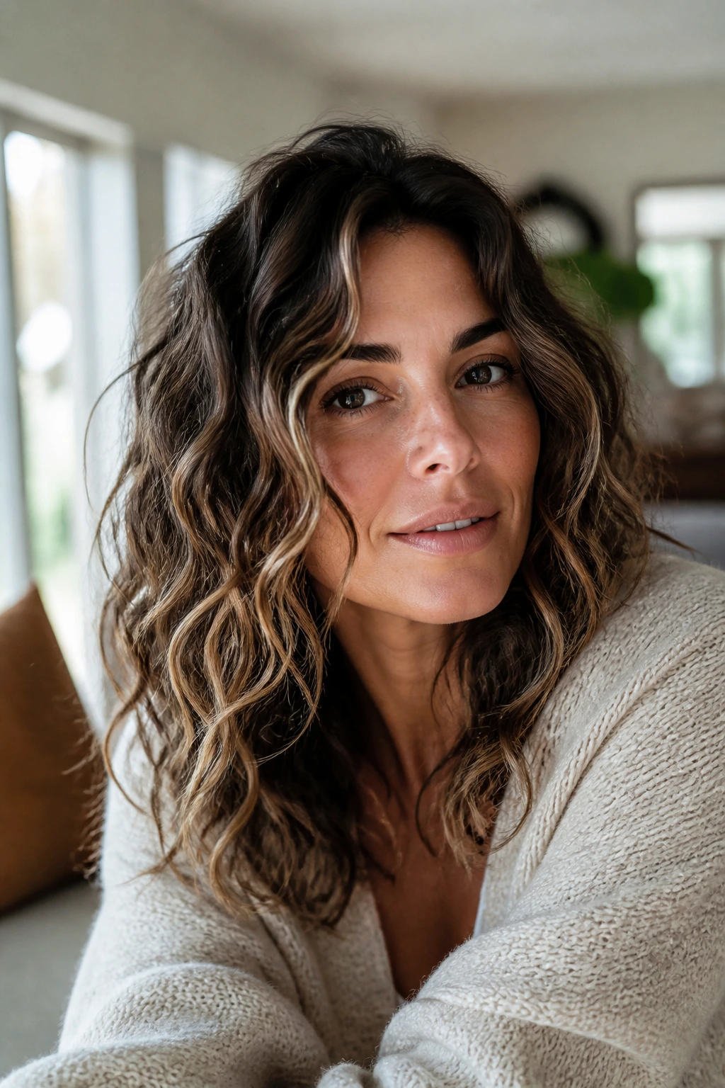 Close-up of a real woman with natural air-dried scrunched waves