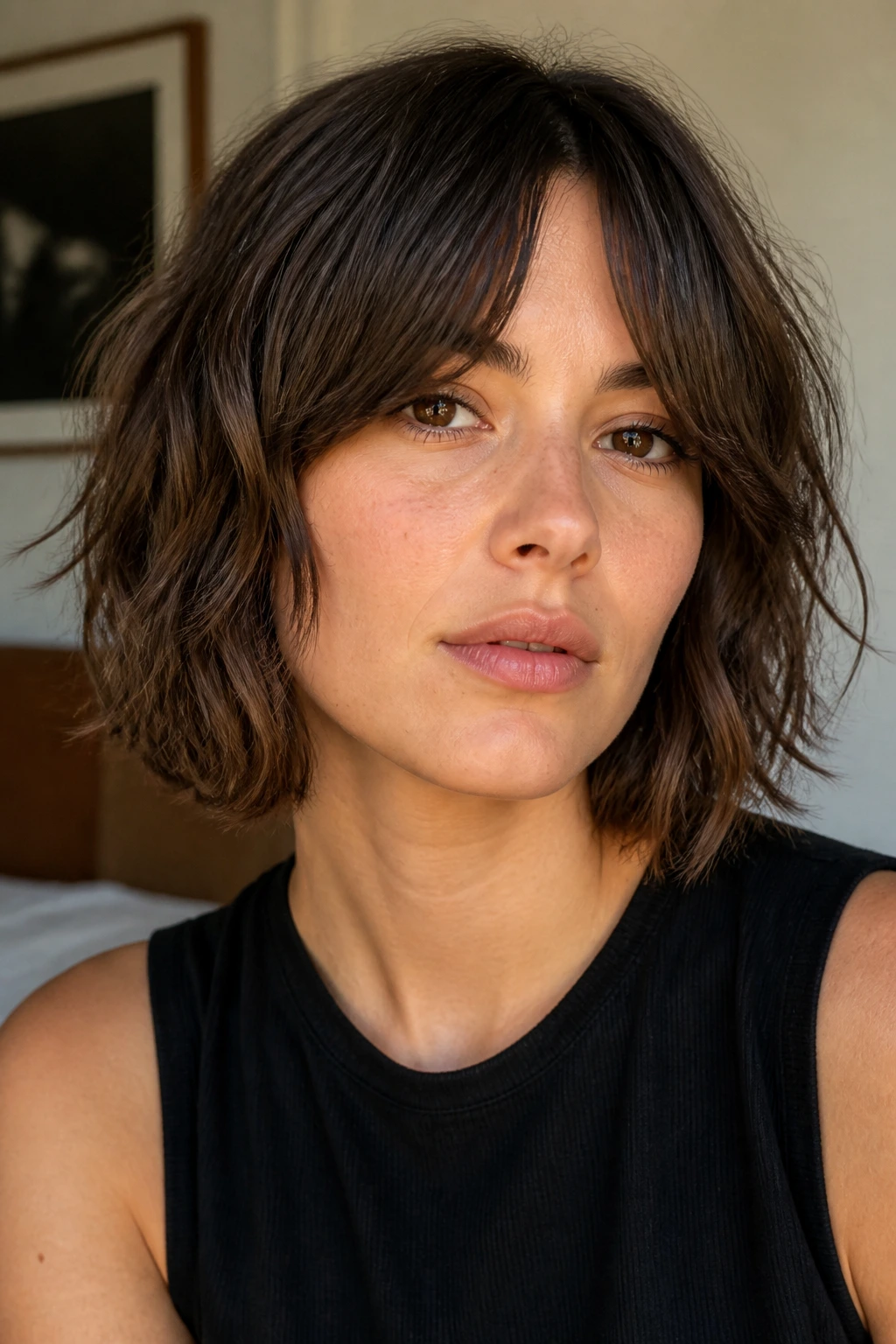 Close-up portrait of a woman with air-dried shag bob and split fringe.