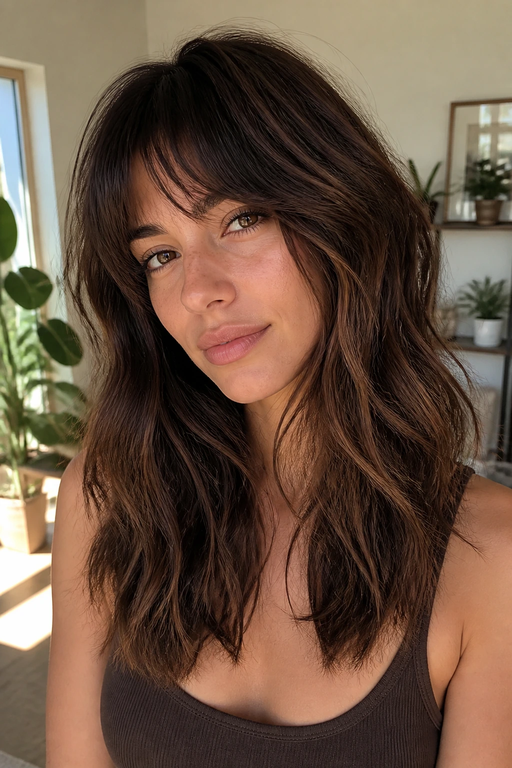 Close-up of brunette with air-dried shag and cocoa dimension in sunlit room.