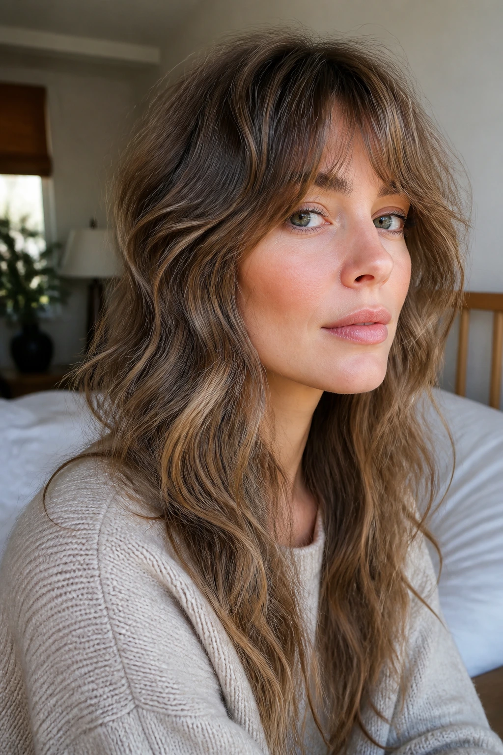 Portrait of a woman with air-dried shag and fine waves.