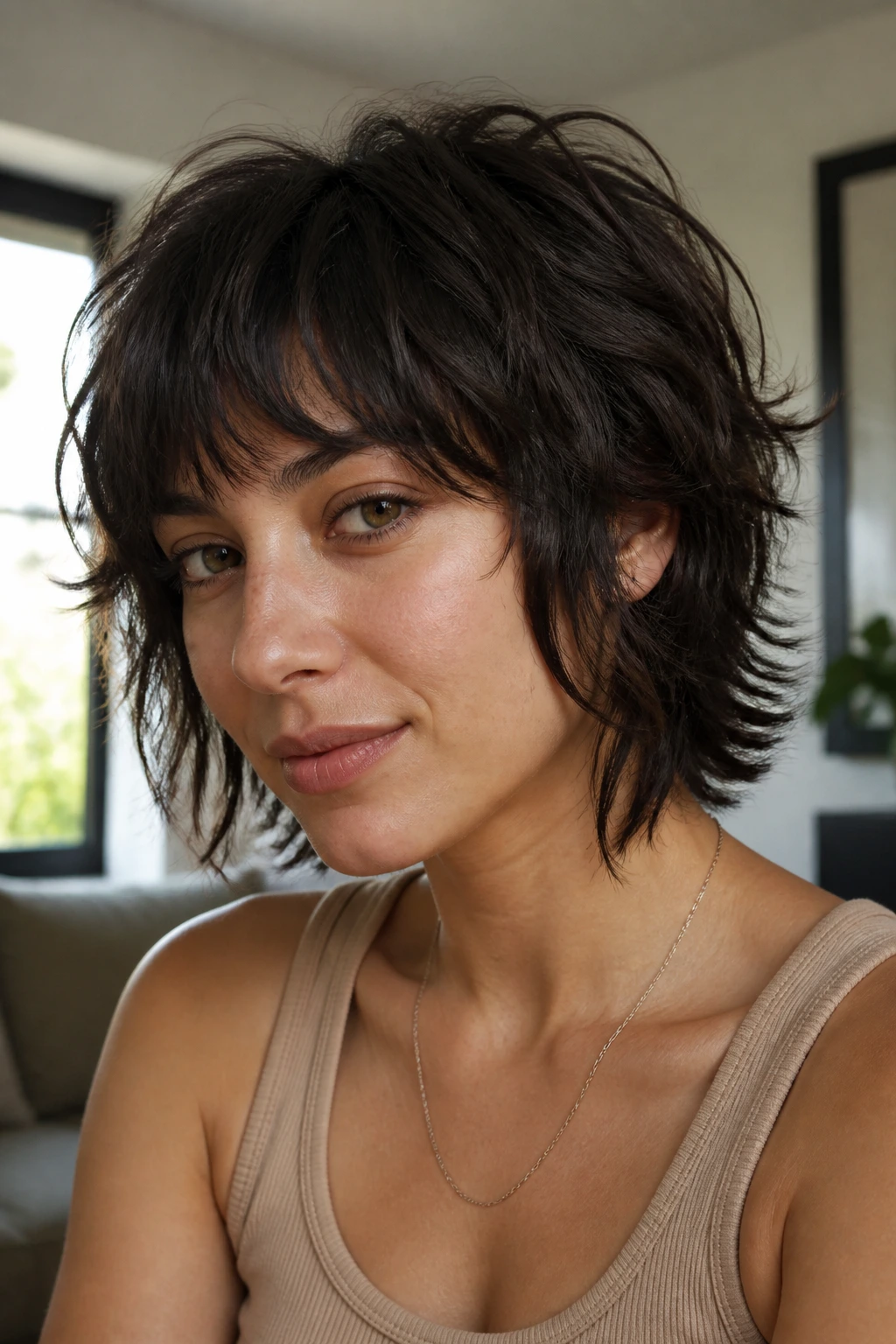 Portrait of real person with air-dried mini shag showing light layers and natural texture