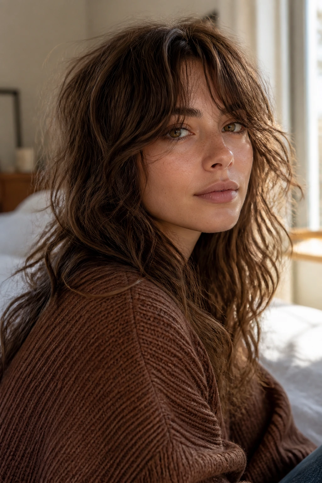 Close-up of real person with natural air-dried shag and textured waves