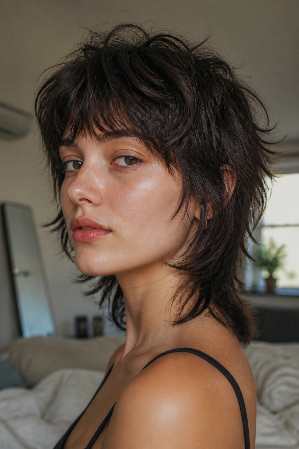 Close-up of a real person with air-dried shag wolf mullet hairstyle
