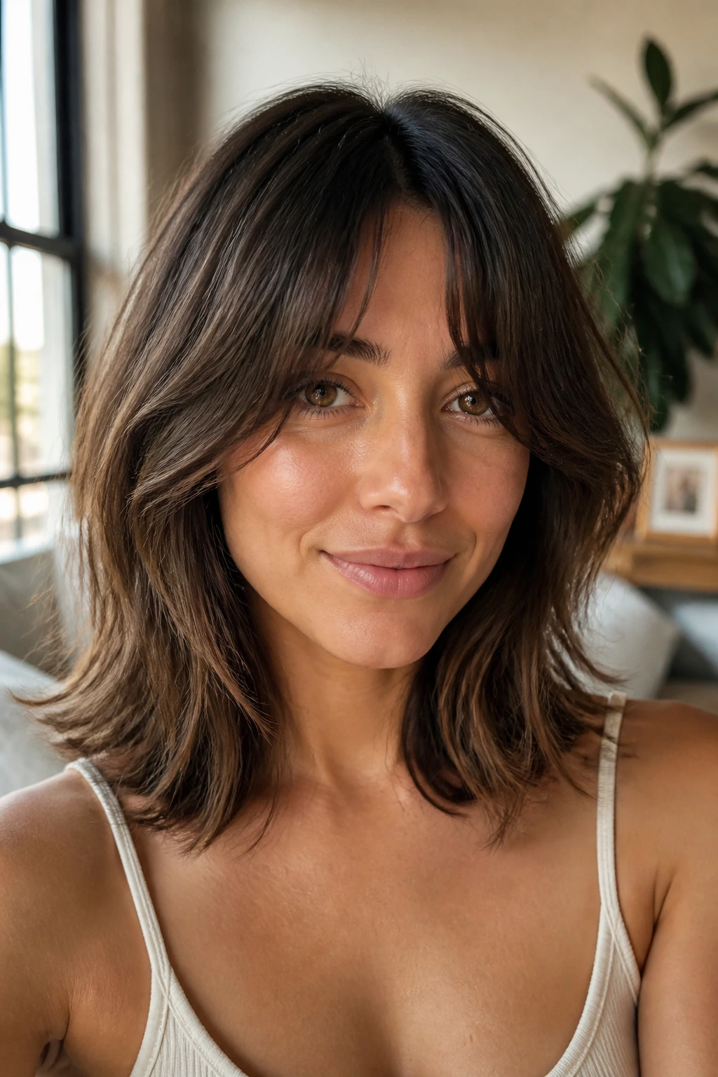 Close-up portrait of a woman with a shoulder-length air-dried cut and curtain bangs