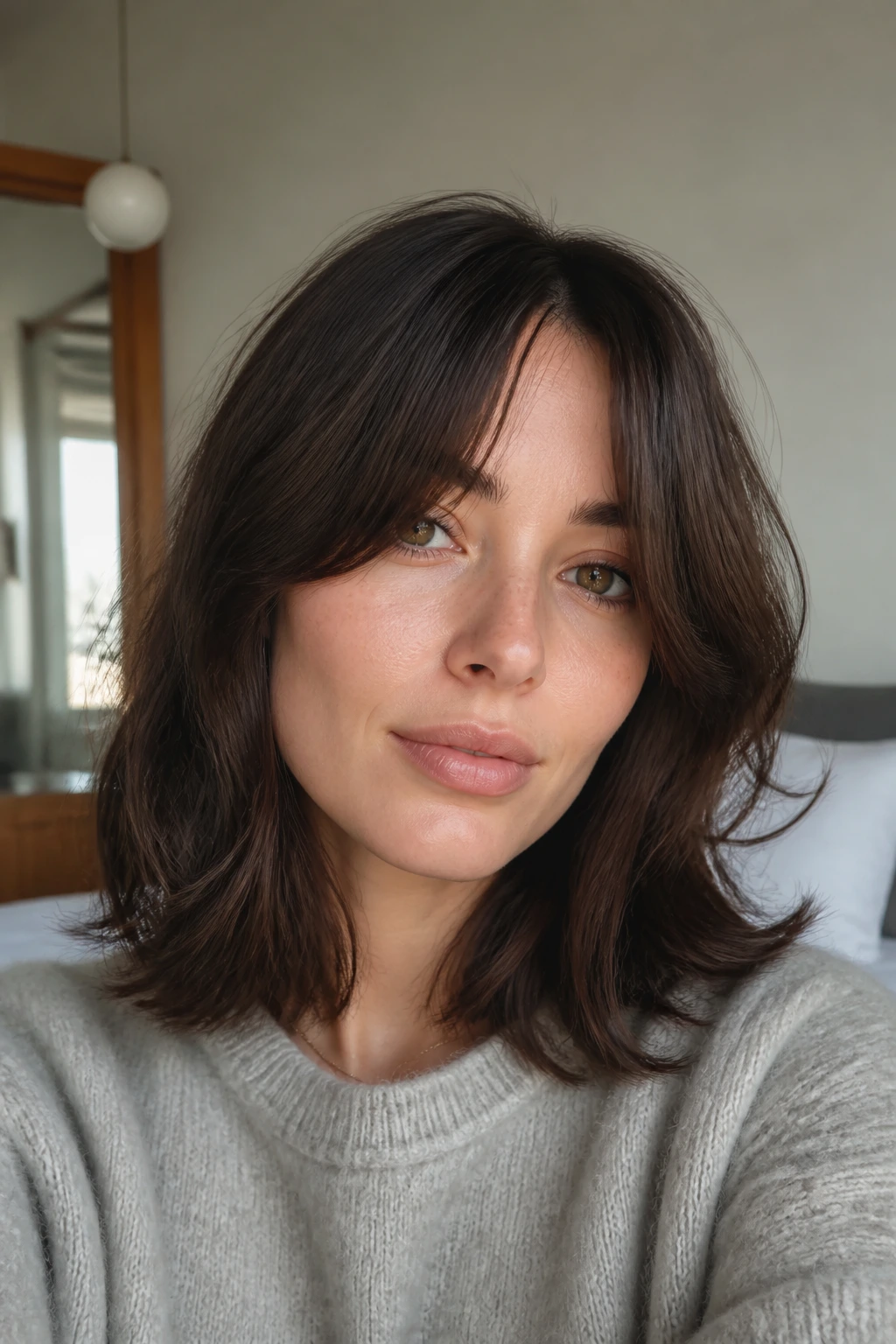 Close-up portrait of a real woman with air-dried shoulder cut and split bangs