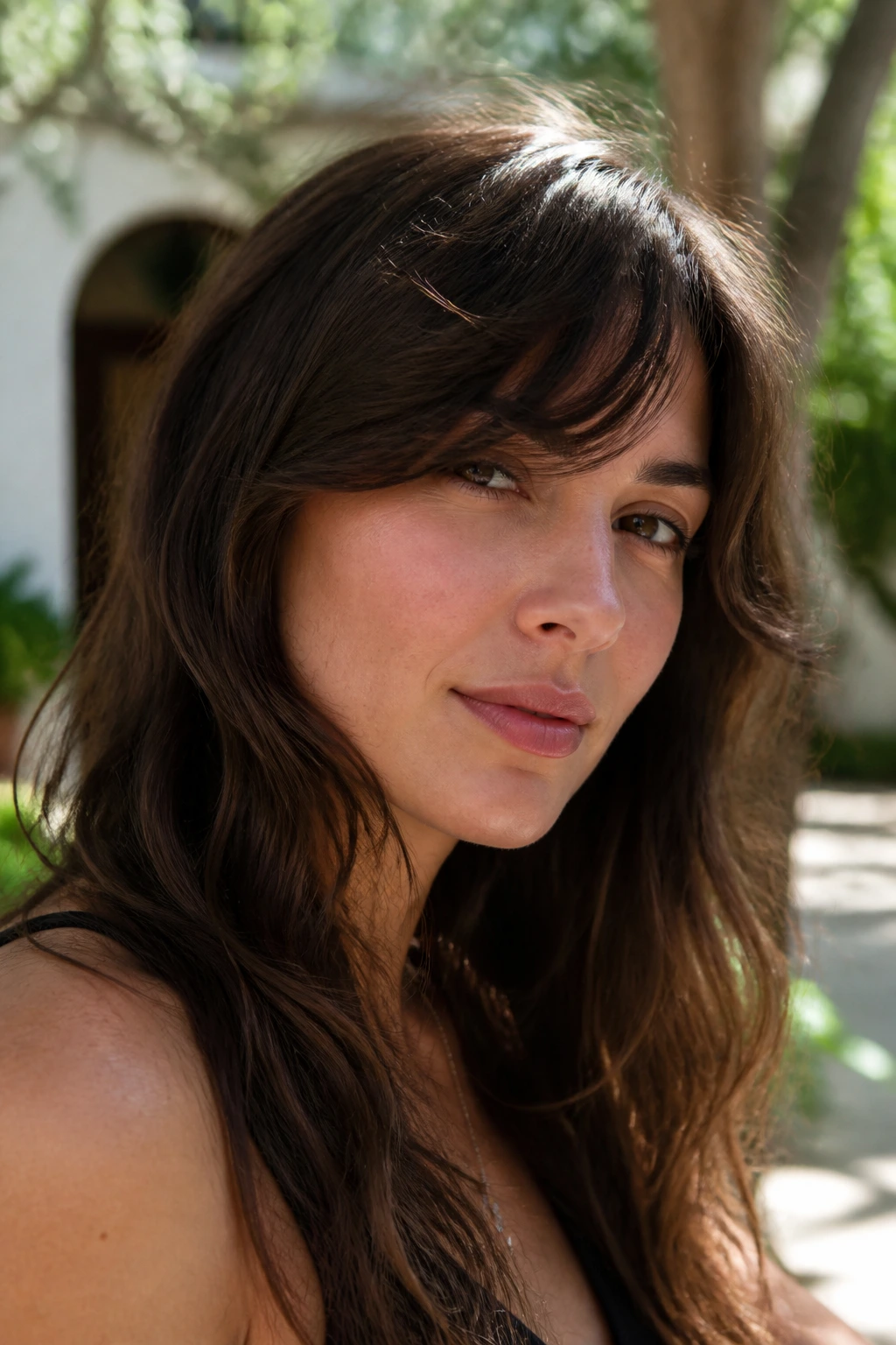 Air-dried side bangs with natural bend outdoors in daylight
