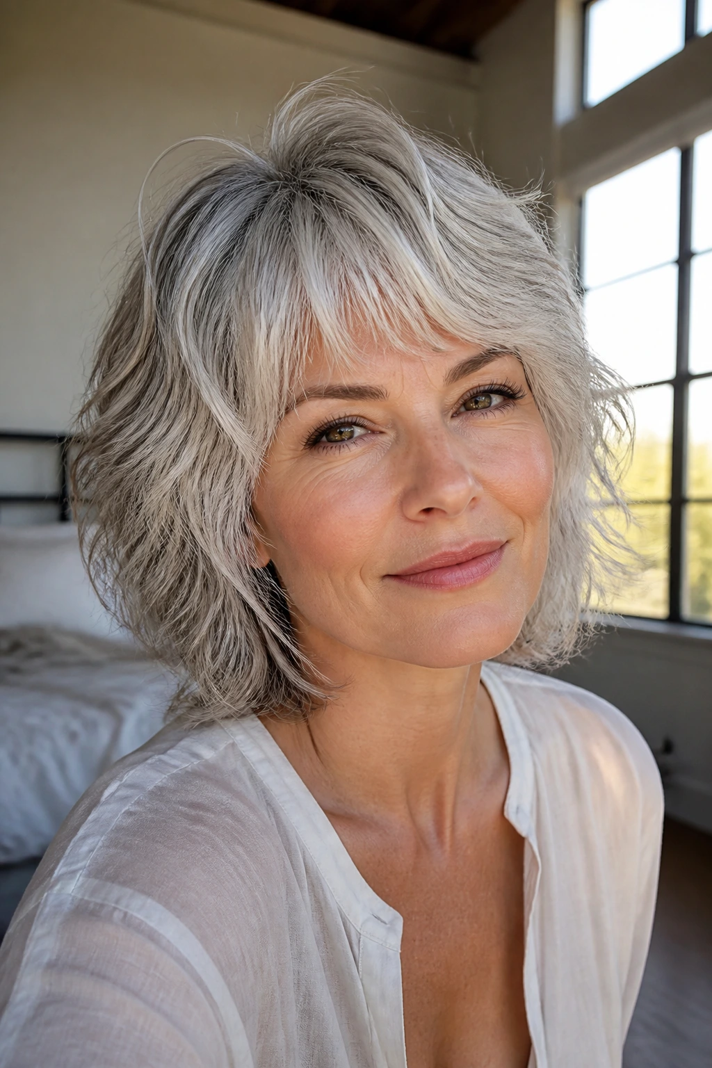 Close-up portrait of a real woman with an air-dried silver shag and fringe.