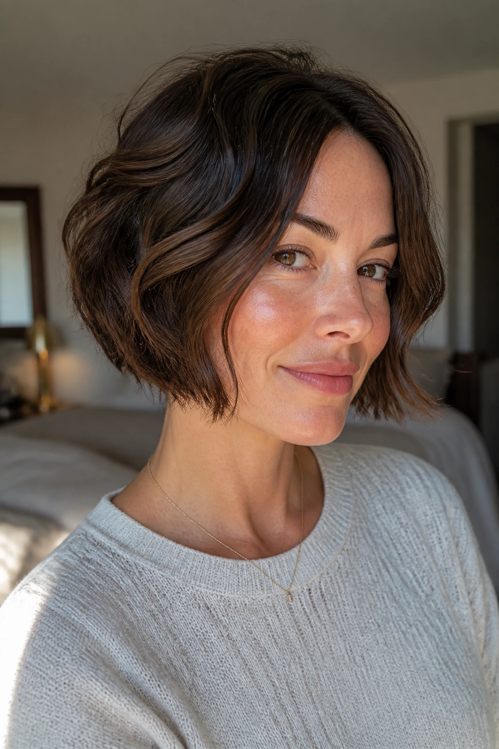 Close-up of a real person with an air-dried natural stacked bob showing waves and cowlicks