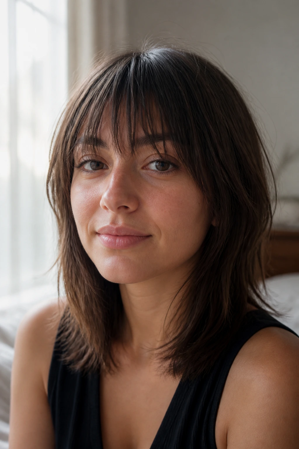 Real woman with air-dried straight shag and grown-in bangs in bedroom morning light.