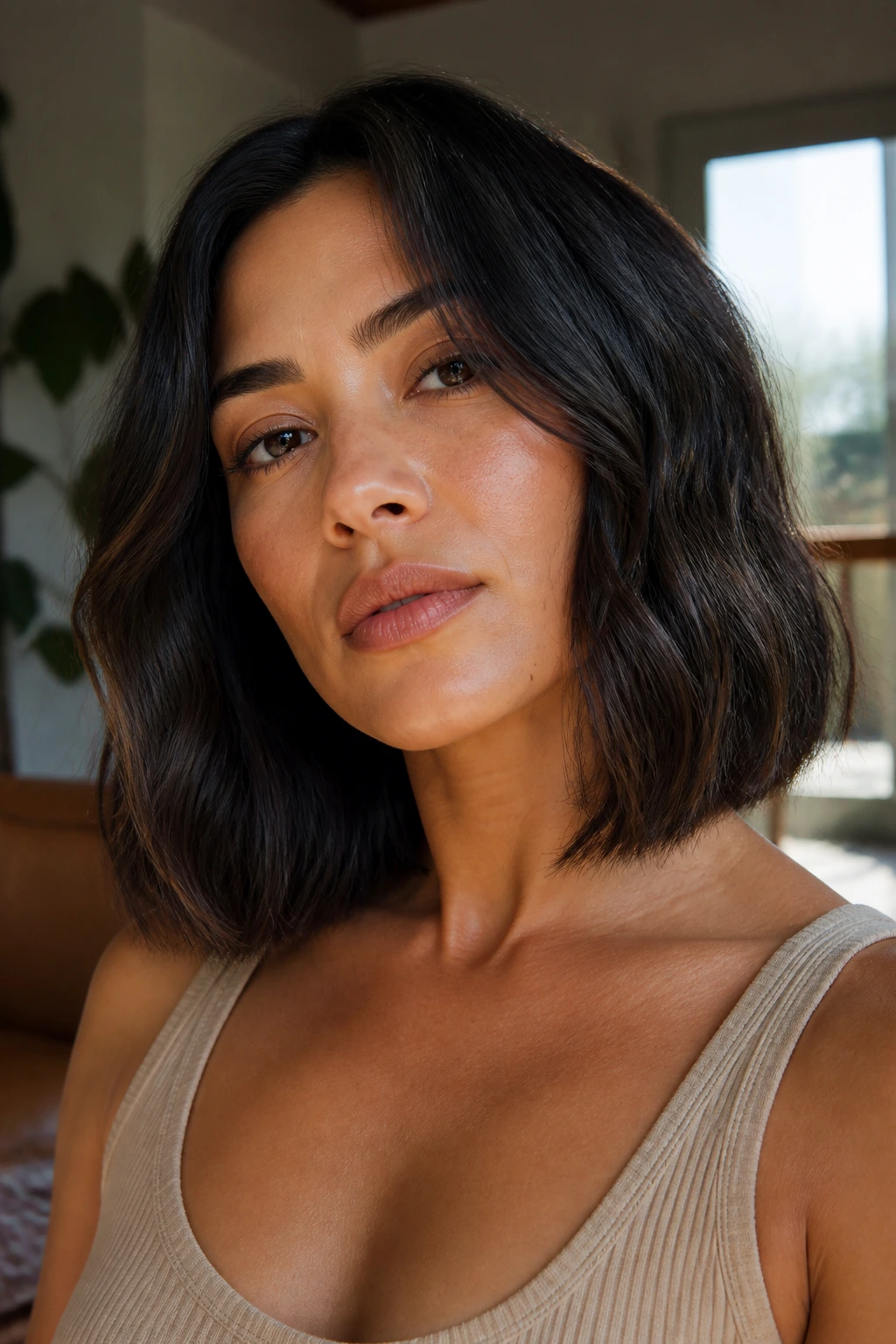 Real woman with air-dried texture bob in sunlit room