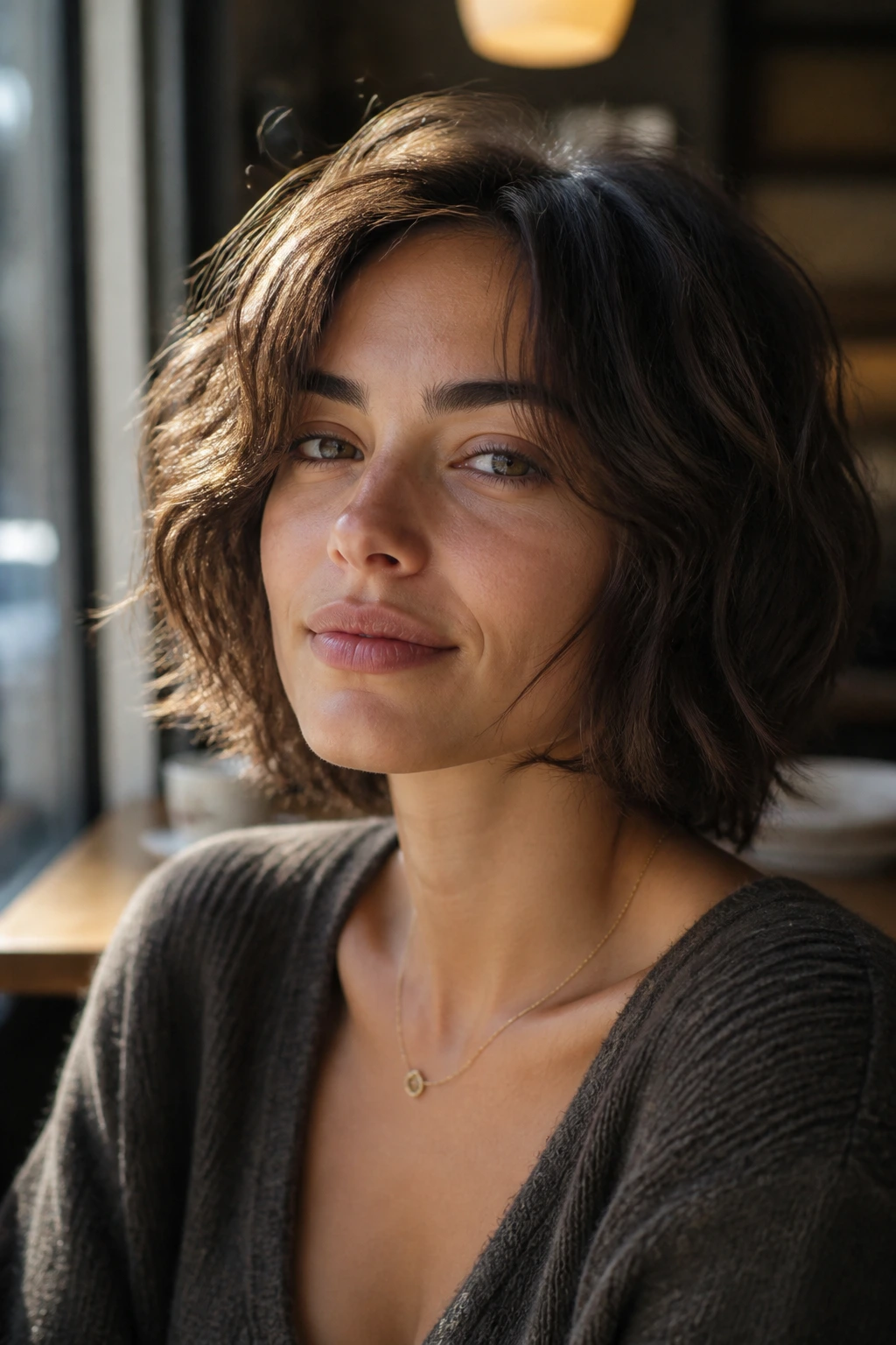 Close-up of a real woman with natural waves wearing an air-dried texture bob
