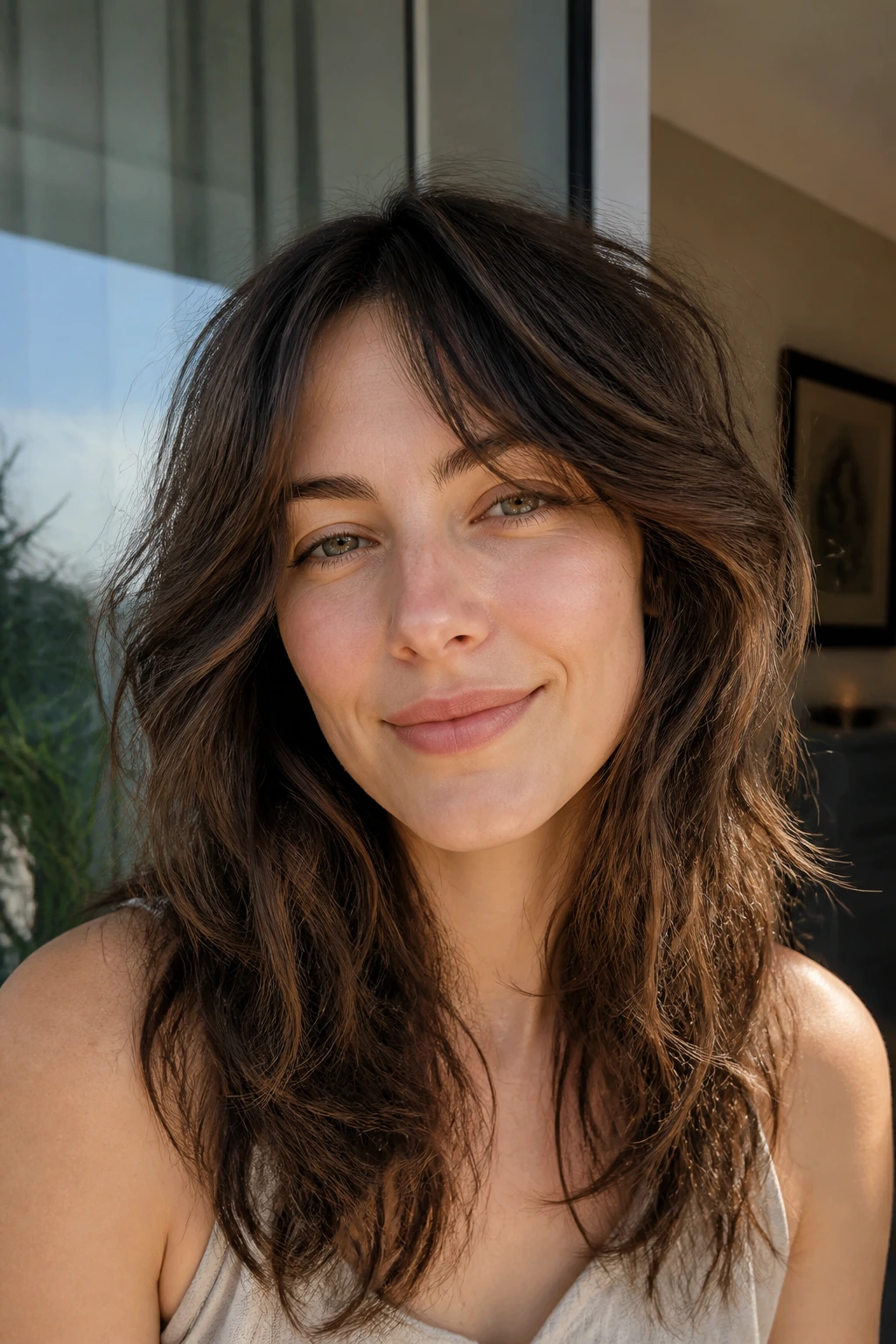 Close-up portrait of a real person with air-dried natural texture cut following natural bends