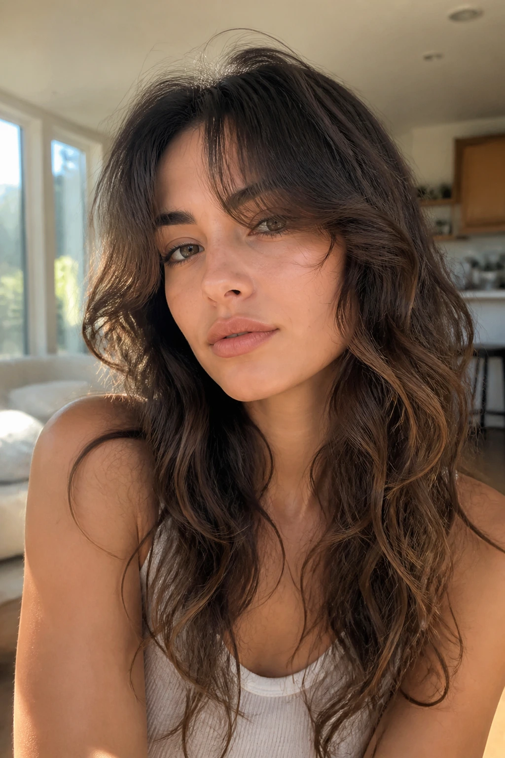 Real person with air-dried wave curtain bangs framing the face in warm daylight