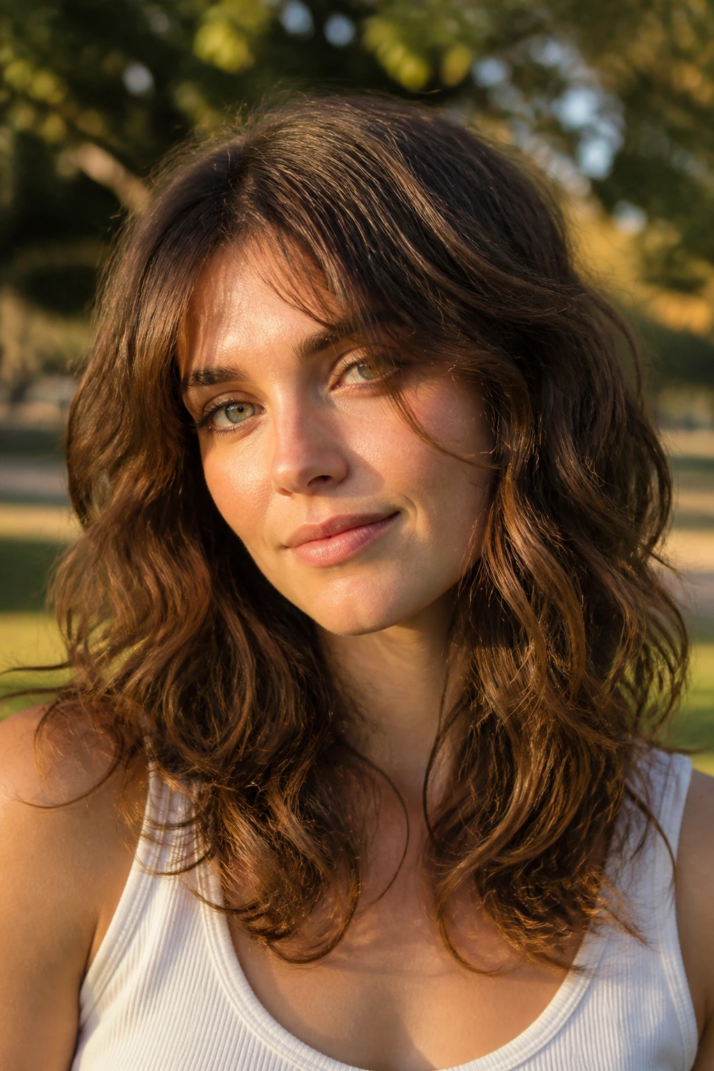 Real woman with air-dried wave layers in natural light