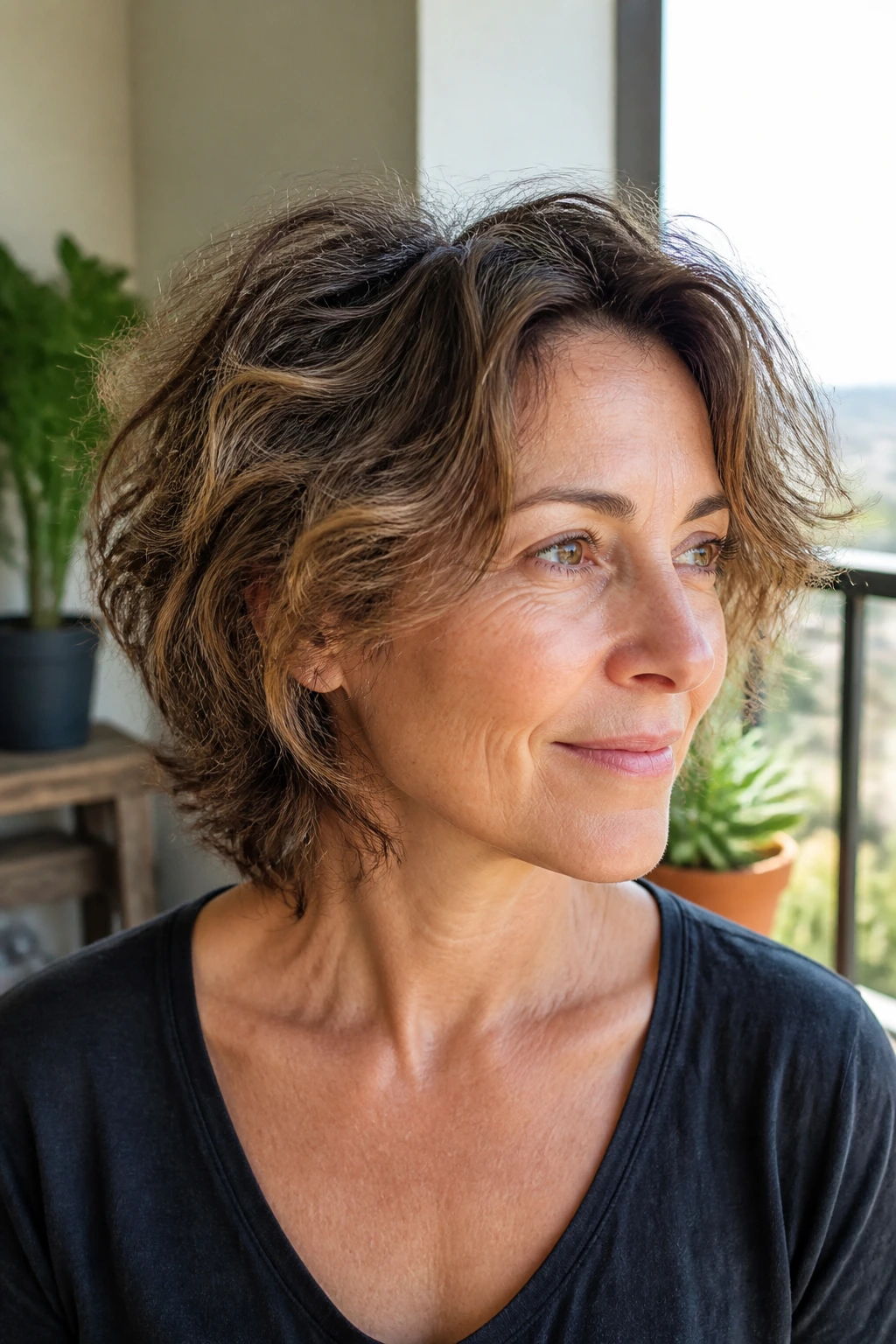 Close-up portrait of a real woman with air-dried wave shag, natural wave and no bangs