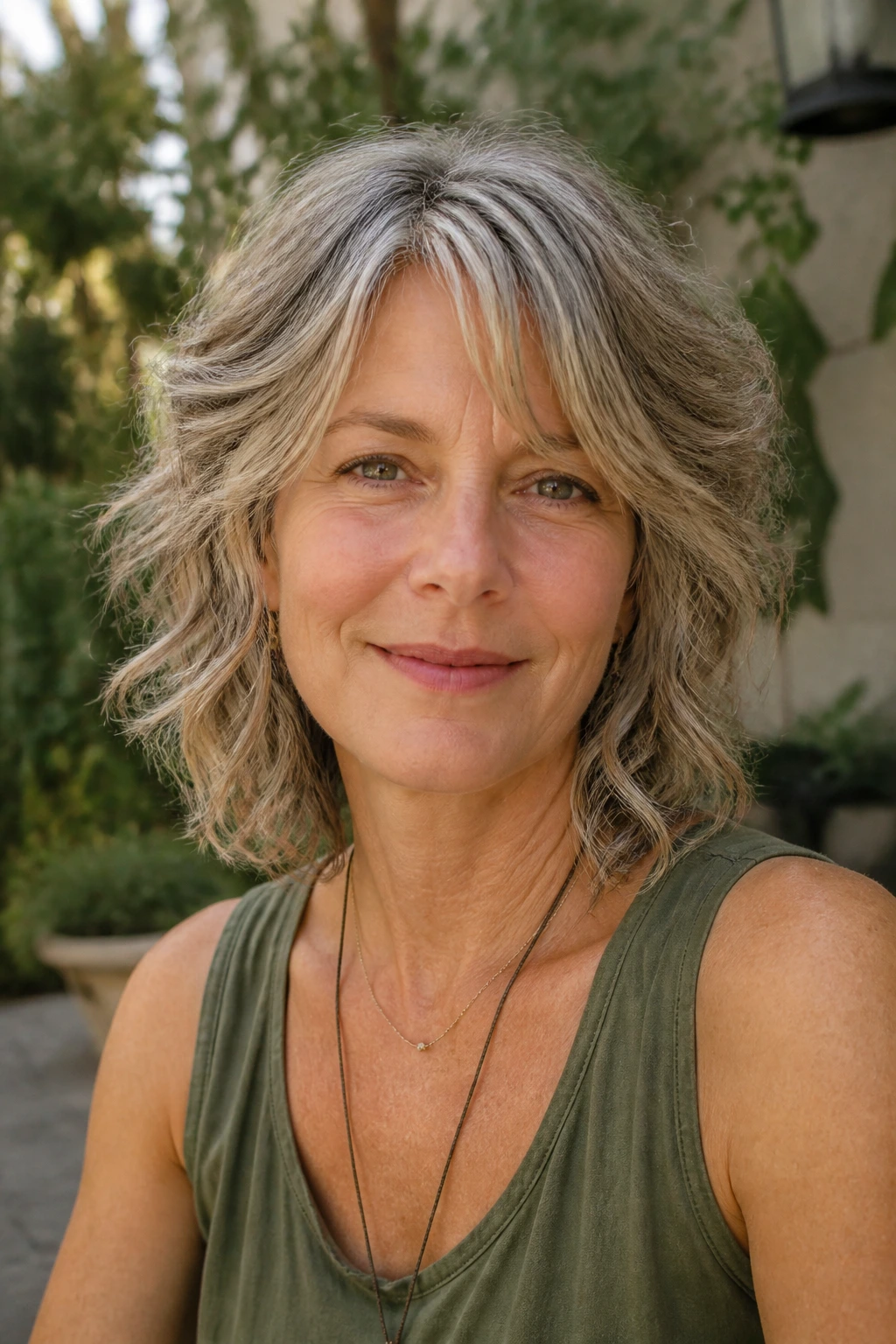 Real woman with air-dried wave shag hairstyle outdoors in sunlight