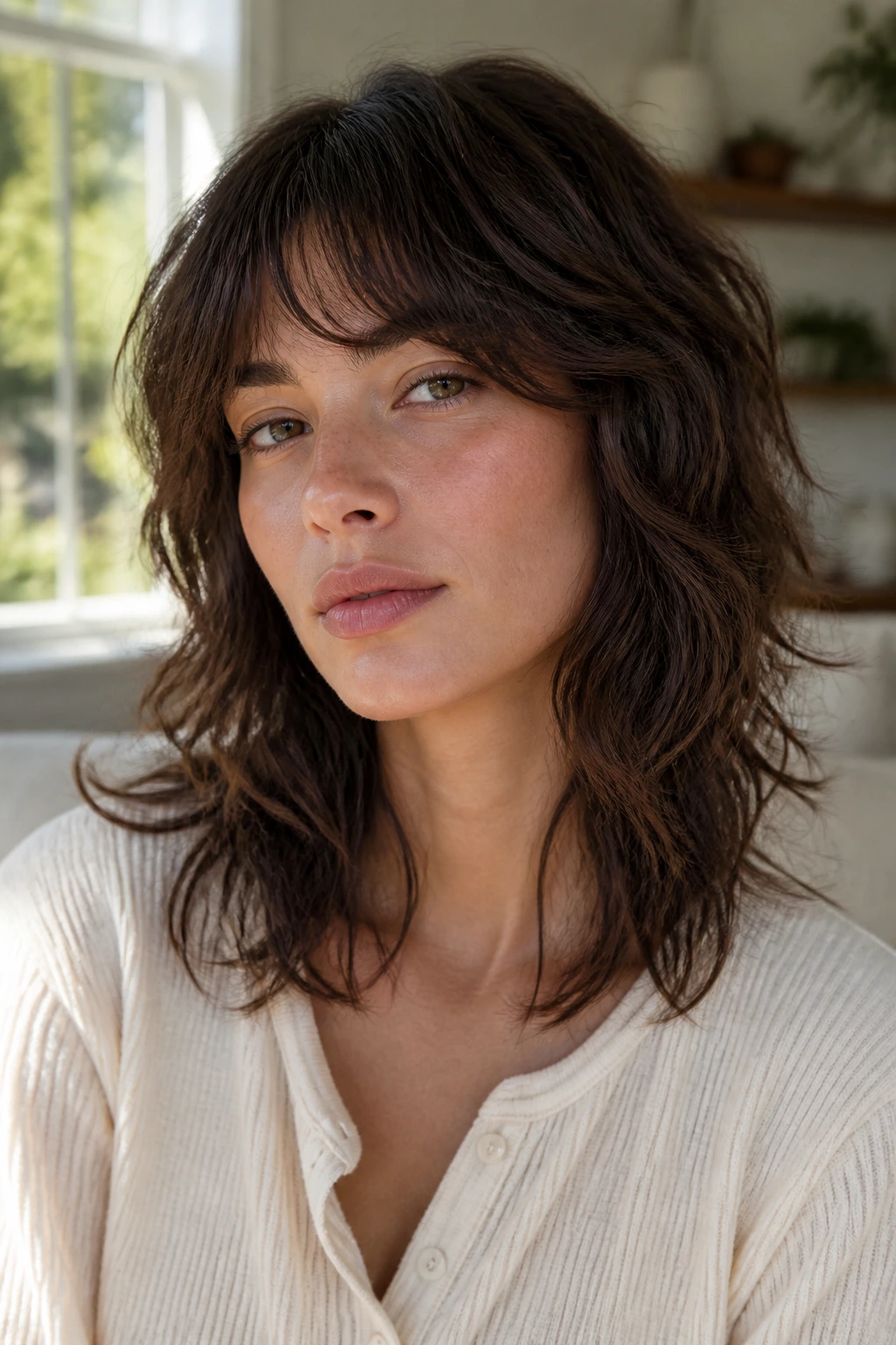 Portrait of a real person with air-dried wave shag and natural loose waves