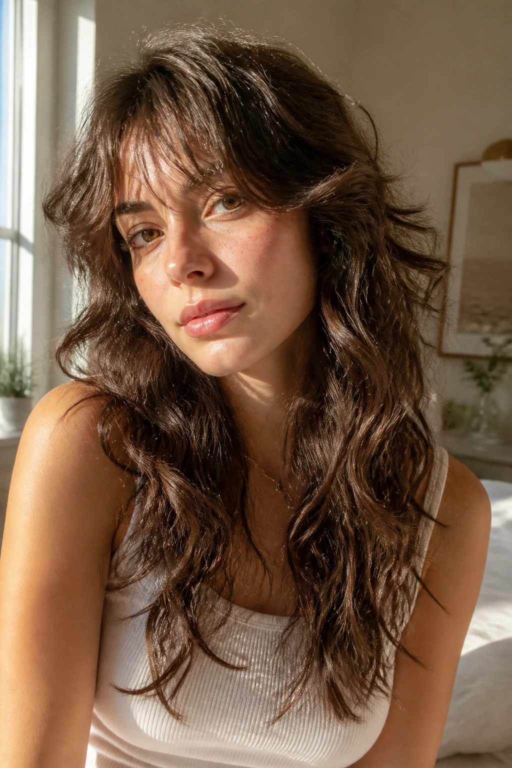 Close-up portrait of a real person with an air-dried wave wolf cut
