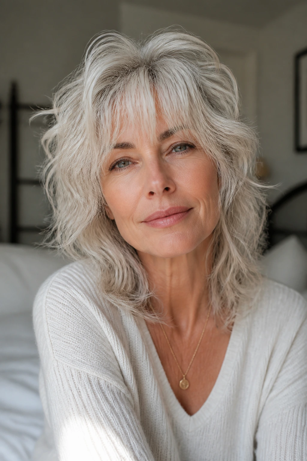 Real woman with platinum air-dried wave wolf cut, close-up portrait in soft window light