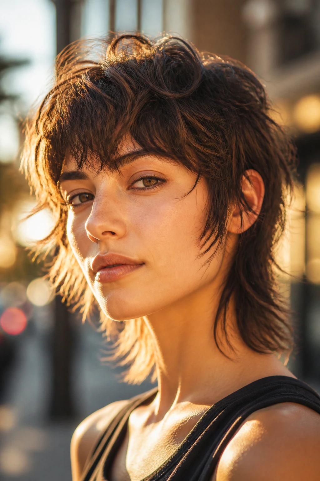 Real woman with natural, loose air-dried waves in golden hour light