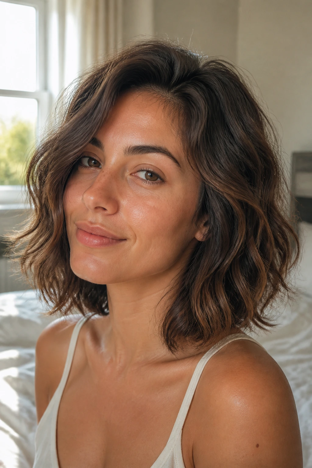 Close-up of real woman with air-dried natural-wave bob in sunlit bedroom