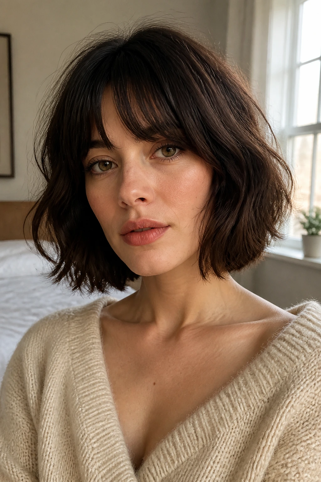 Close-up portrait of a real woman with an air-dried wavy bob and bottleneck fringe
