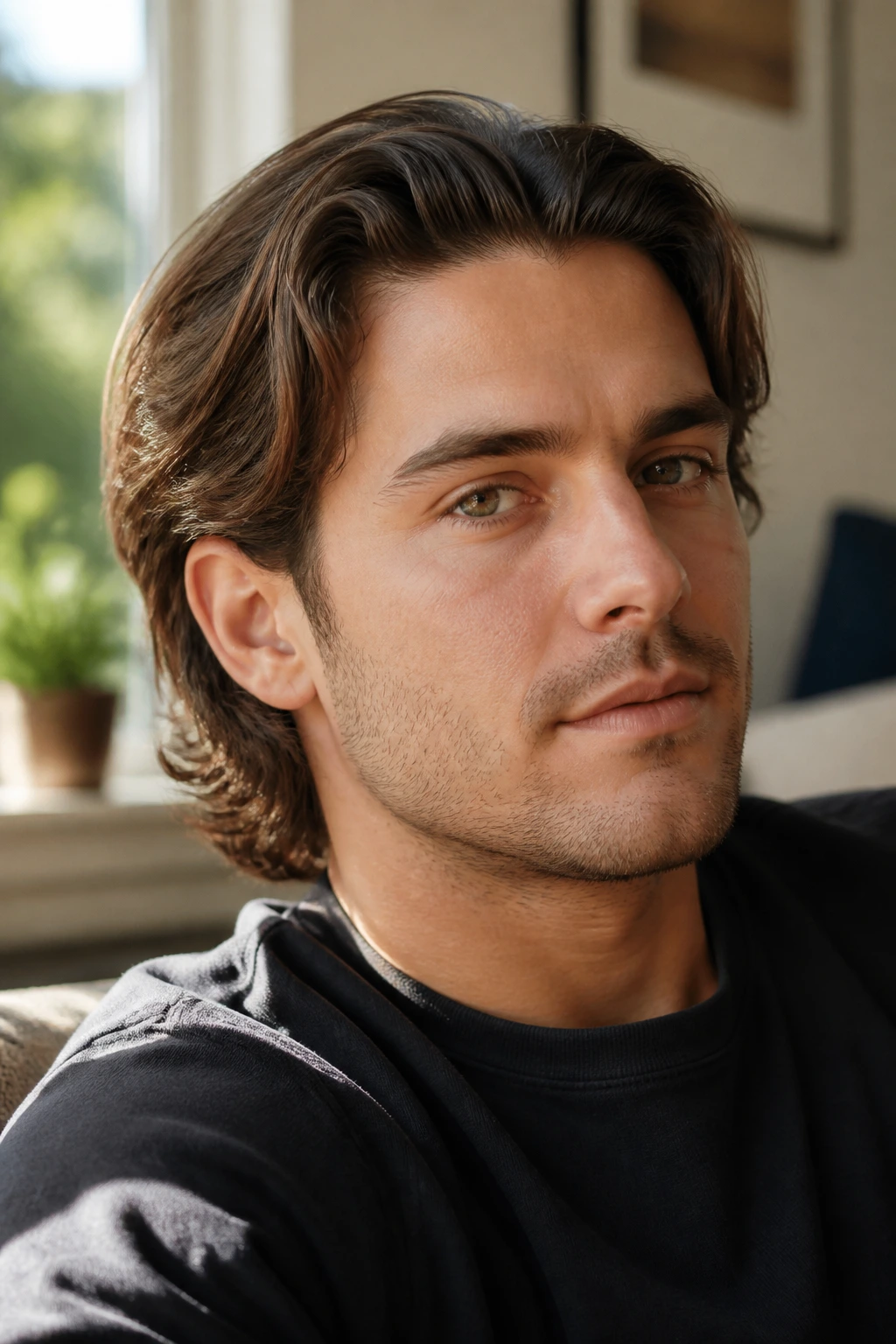 Close-up of a man with air-dried waves and tucked ends